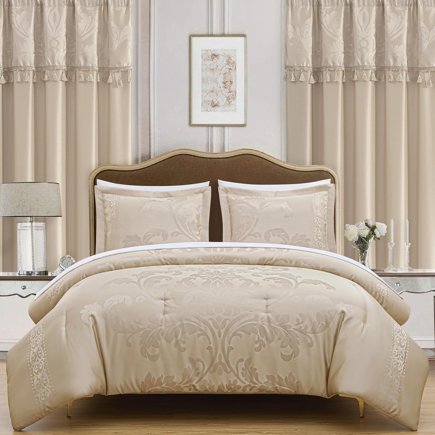 Chezmoi Collection Valor 7-Piece Queen Bed in a Bag, Champagne Luxury Jacquard Floral Comforter with Sheets Set for All Season