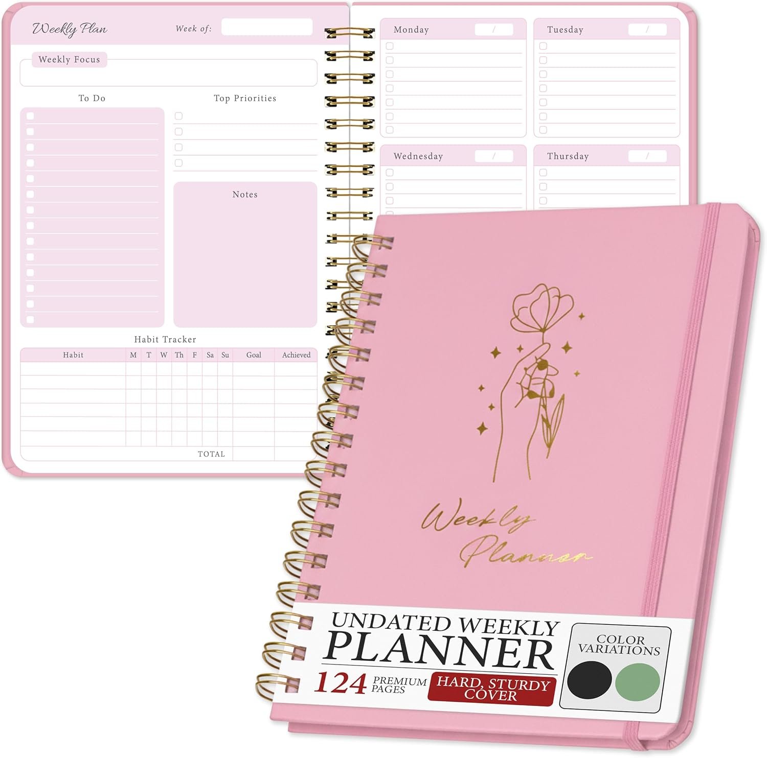 Undated Weekly Planner & Notebook for Work, School & Home — Aesthetic Hardcover Spiral Blank Planner with Habit Tracker, Goal Organizer & To Do List | 124 No-Bleed Pages, 6.4×8.5″,Pink