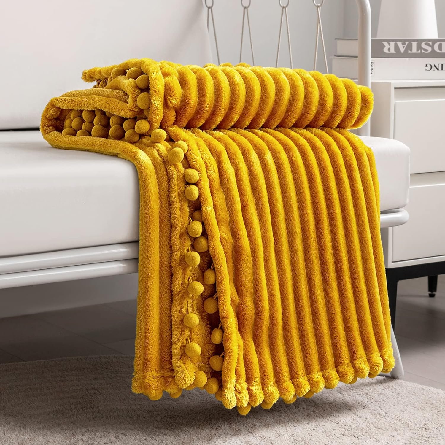 DISSA Fleece Blanket Throw Size – 51×63, Yellow Soft, Plush, Fluffy, Fuzzy, Warm, Cozy Perfect for Couch, Bed, Sofa – with Pompom Fringe Flannel
