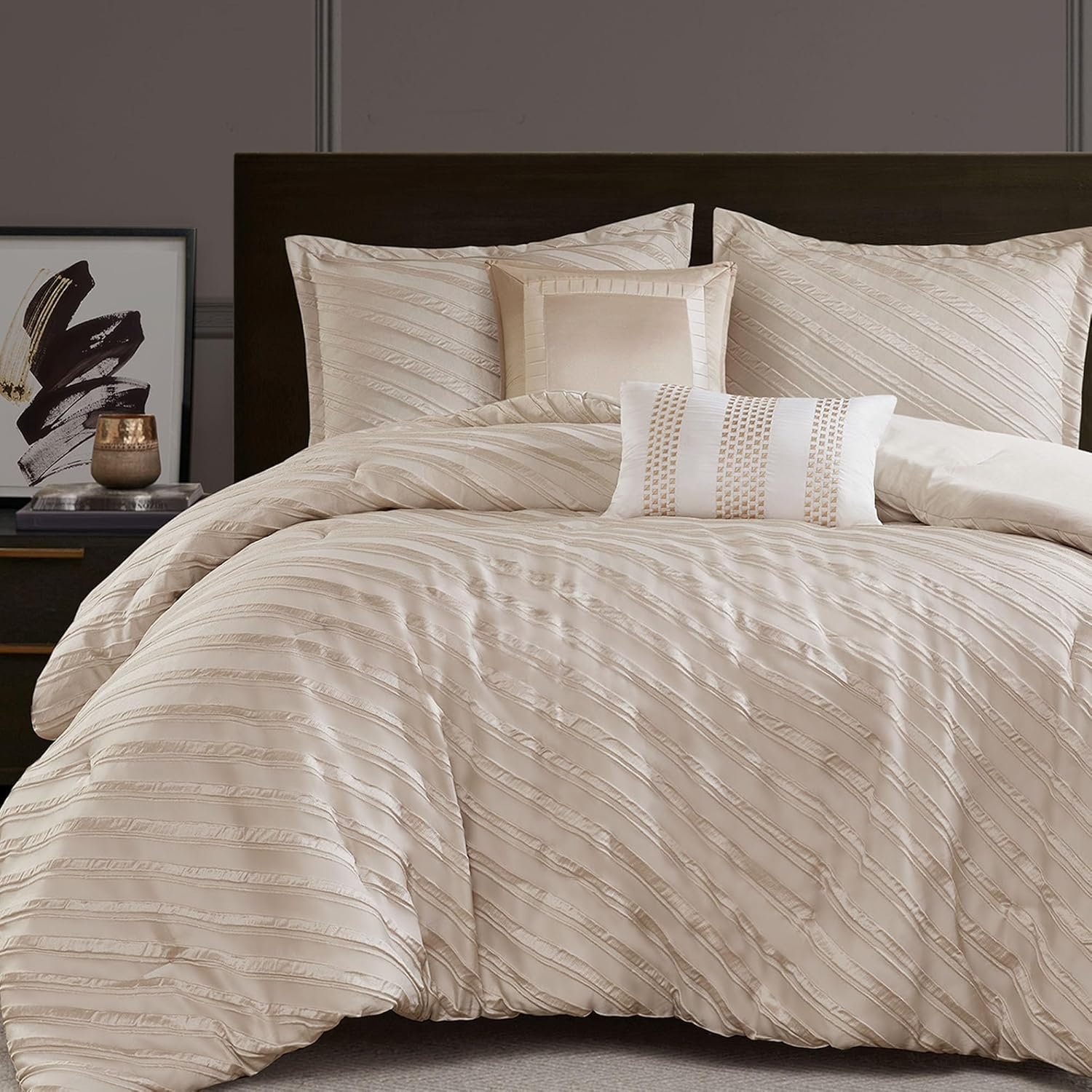 Madison Park King Comforter Set Raised Jacquard Texture Comforters King Size Bed, All Season Down Alternative Bedding King Size Comforter, Decorative Pillows, Matching Shams, Riva, King Beige 5 Piece