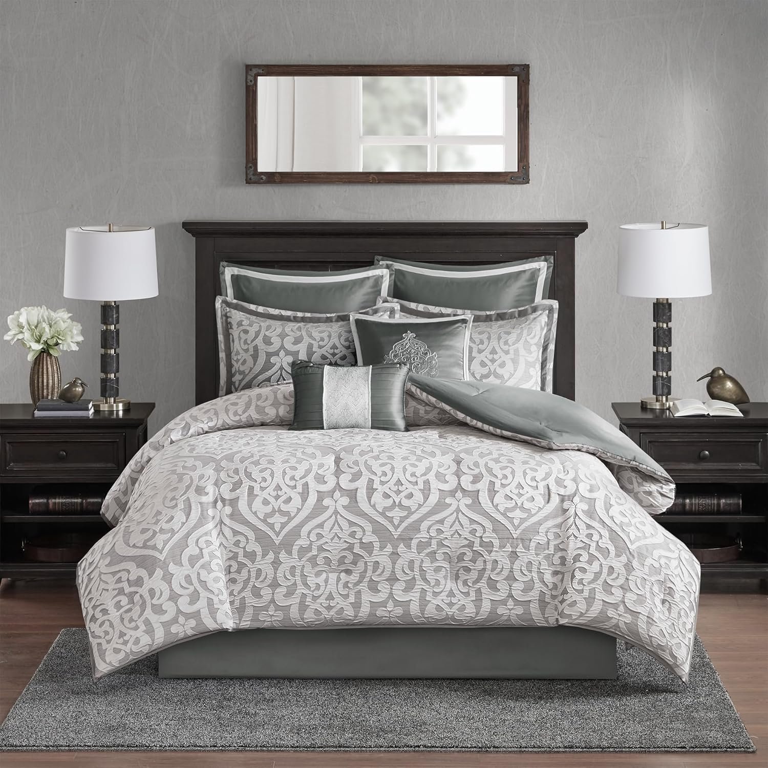 Madison Park Odette Cozy Comforter Set Jacquard Damask Medallion Design – Modern All Season, Down Alternative Bedding, Shams, Decorative Pillows, Queen(90 in x 90 in), Silver 8 Piece
