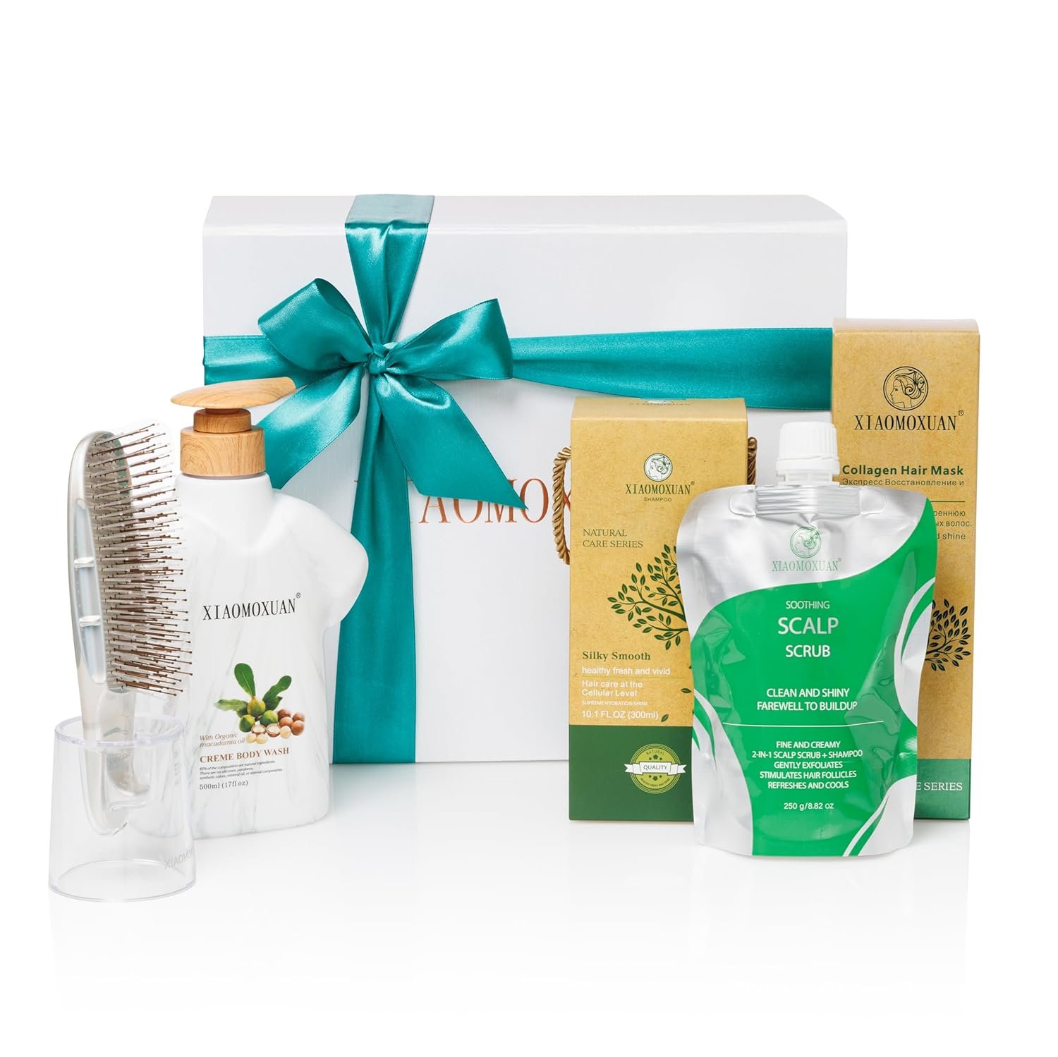 Xiaomoxuan Organic Hair and Body Care Gift Set 5 Piece – Tea Tree Shampoo Collagen Hair Mask Body Wash Scalp Scrub Detangling Brush – Spa Gift Basket for Women