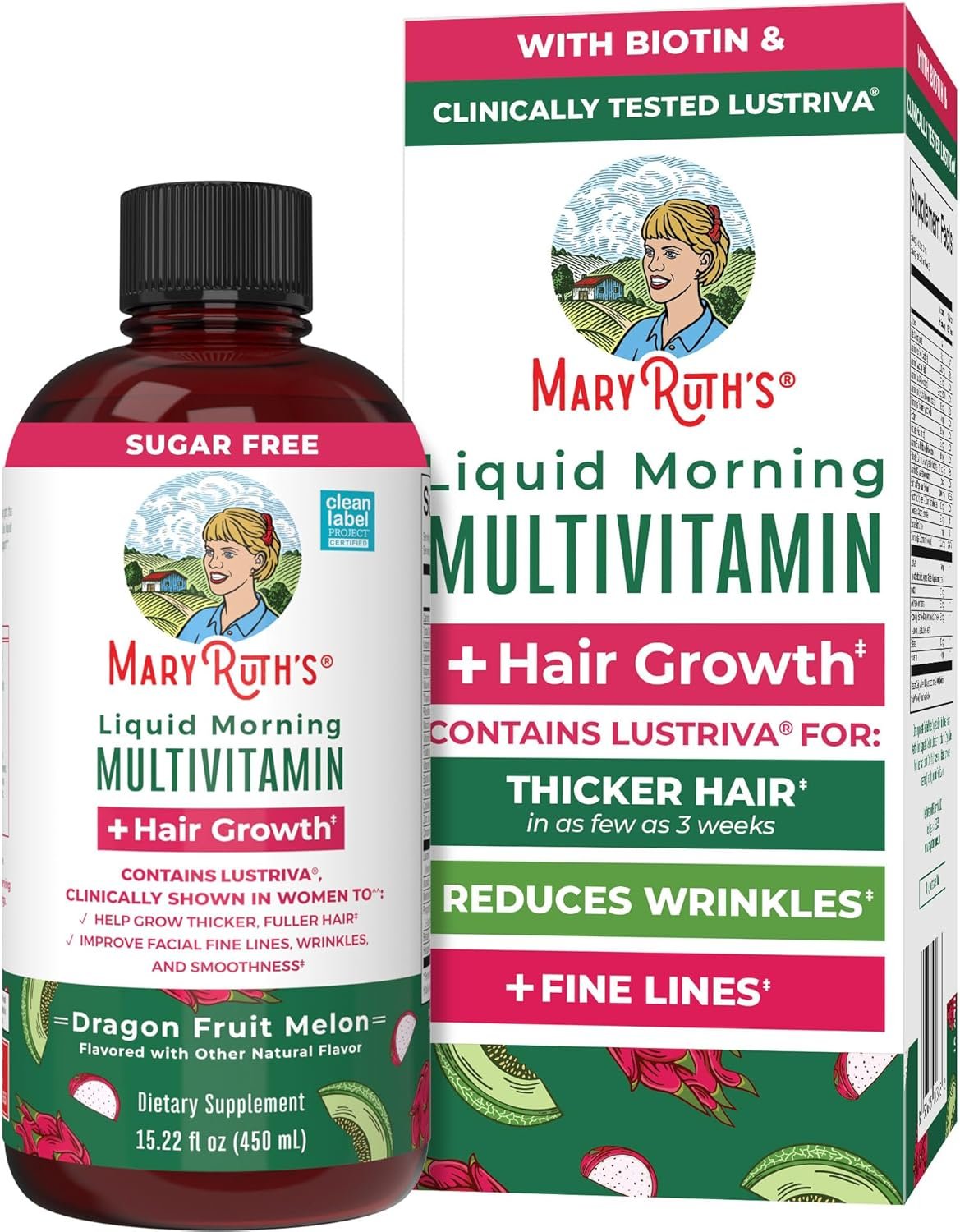 MARYRUTH’S Liquid Multivitamin + Hair Growth | Biotin 10000mcg | Lustriva Hair Growth Supplement | Clinically Tested in Women for Thicker Hair & Facial Wrinkle | Skin Care | Ages 18+ | 15.22 Fl Oz