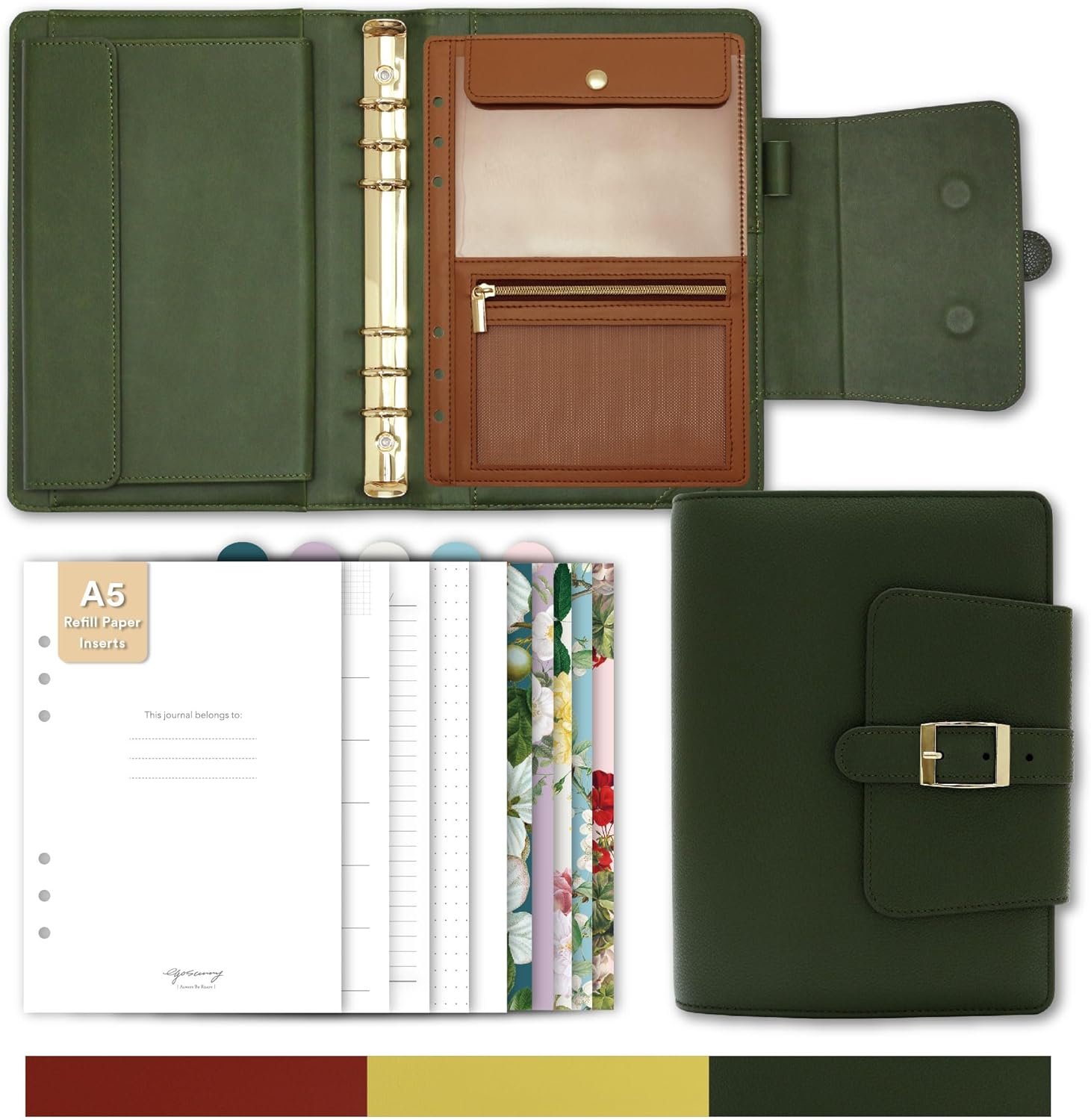Belt Strap Closure A5 PU Leather Planner 5.8″ x 8.3″, Refillable 6-Ring Binder with 80 Sheets, Dividers & Removable Storage Pouch – Structured Organizer for Work & Everyday Use
