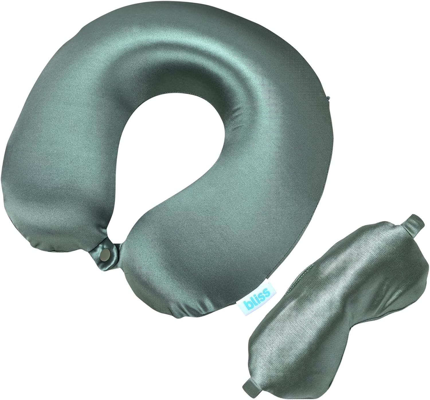 Bliss Neck Pillow Set – Lightweight U-Shaped Memory Foam Satin Travel Neck Pillow with Snap Closure and Matching Eye Mask for Airplane, Car, Office, and Camping, Size One Size, Spiral Sage