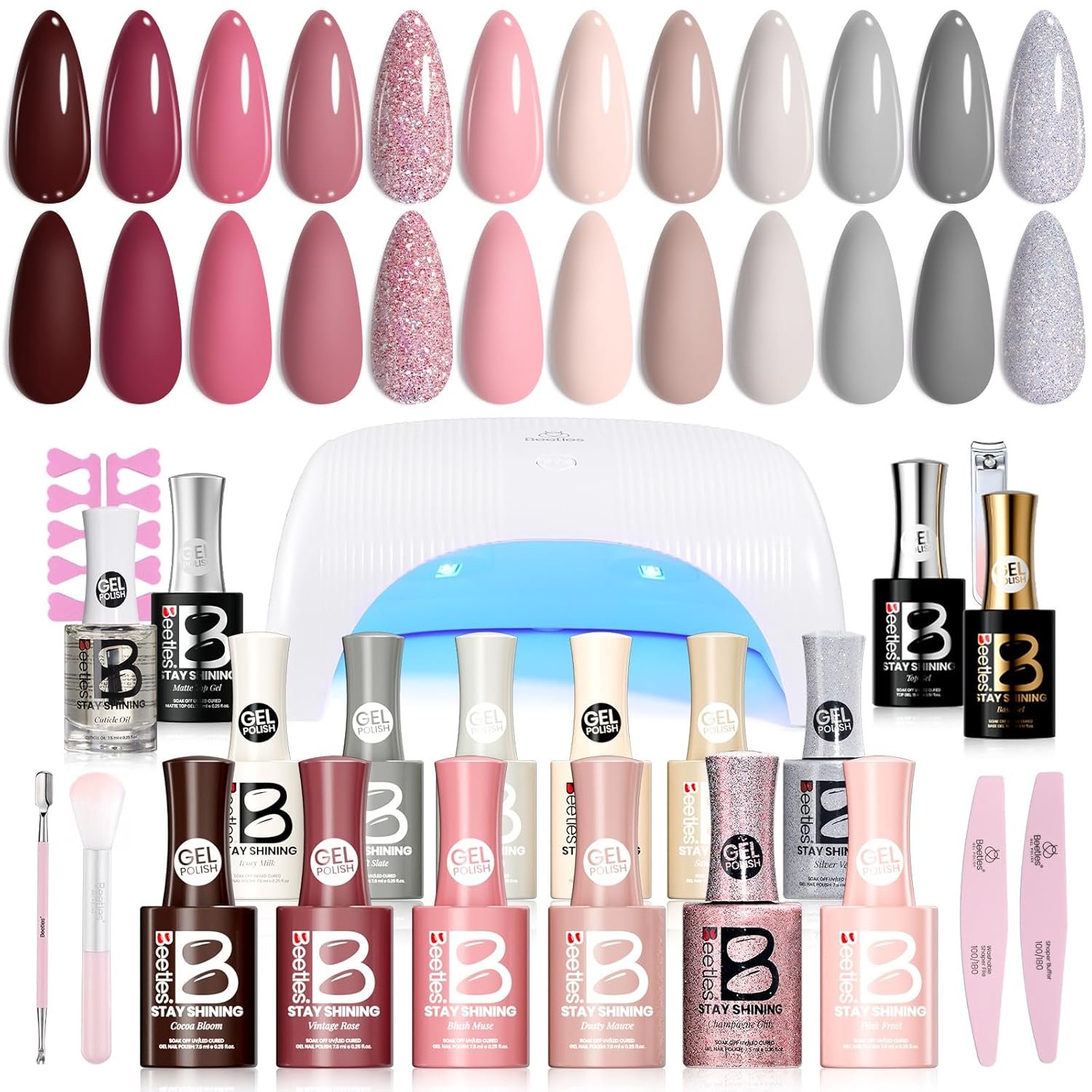 Beetles Stay Shining 23 Pcs Gel Nail Polish Kit with UV Light, 12 Color Nail Manicure Studio Kit Cozy Elegance and Base Gel Glossy &Matte Top Coat Cuticle Oil & Nails Tools, DIY Salon-Quality at Home