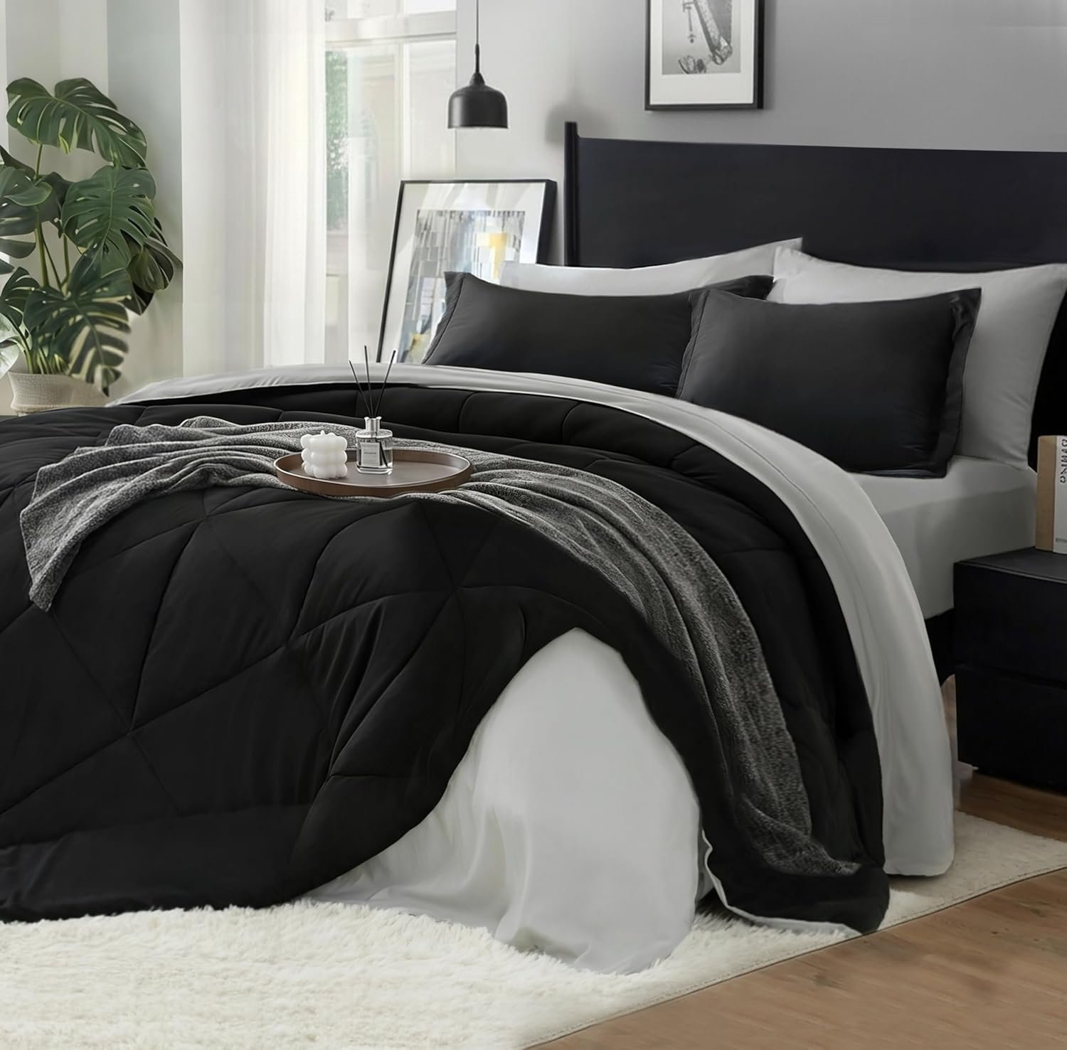 BEDELITE Queen Comforter Set 7 Pieces Bed in A Bag – Soft Microfiber Reversible Black Bed Set with Comforters, Sheets, Pillowcases & Shams, Cozy Luxury Bedding Sets for All Season