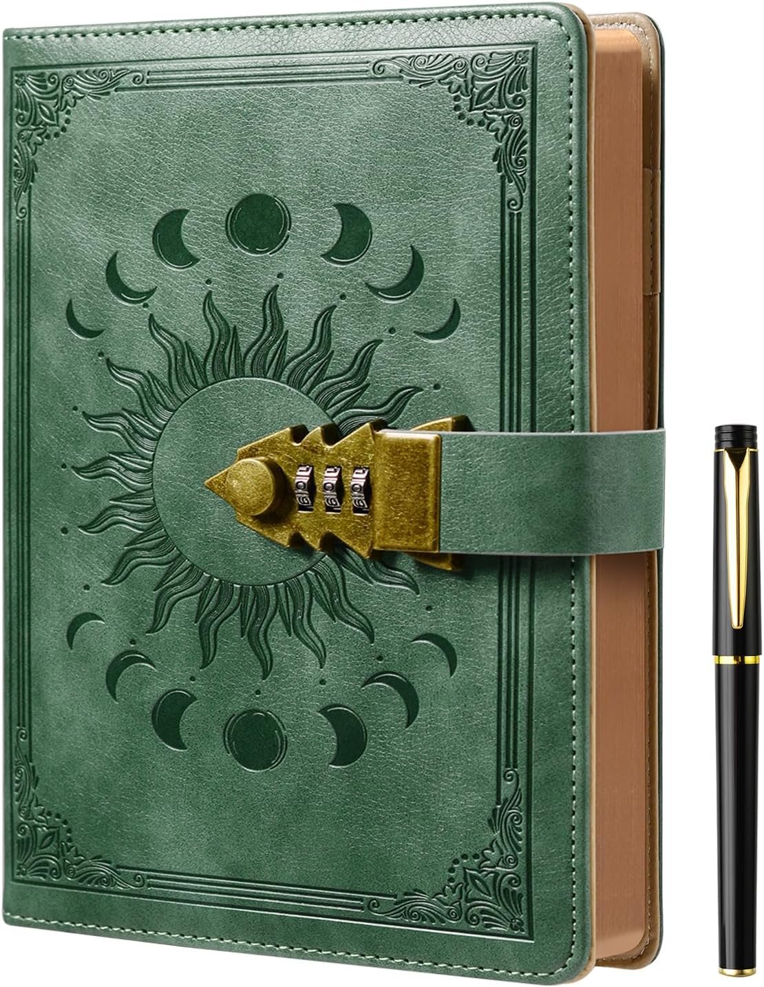 ZXHQ Lock Diary with Pen, A5 Ruled 240 Pages PU Leather Journal with Lock, Refillable Hardcover journals for Writing Personal Planner Organizer for Men and Women, Size A5(8.5 × 5.9 Inch) Sage Green