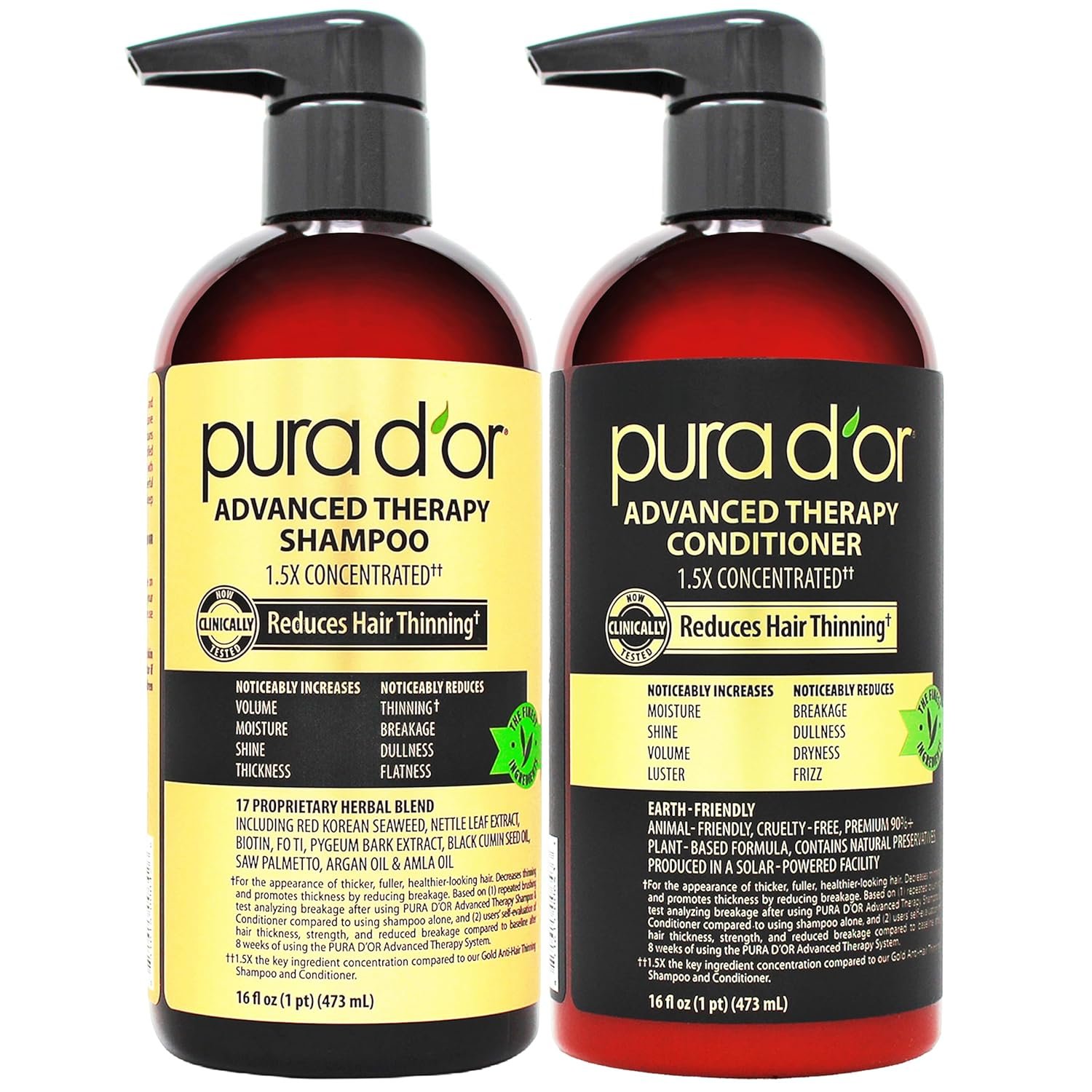 PURA D’OR Advanced Therapy Biotin Shampoo & Hair Regrowth Conditioner Set For Hair Thinning, CLINICALLY TESTED Effective Thickening Results, For Women & Men, Invigorating Forest Scent, 16oz x2