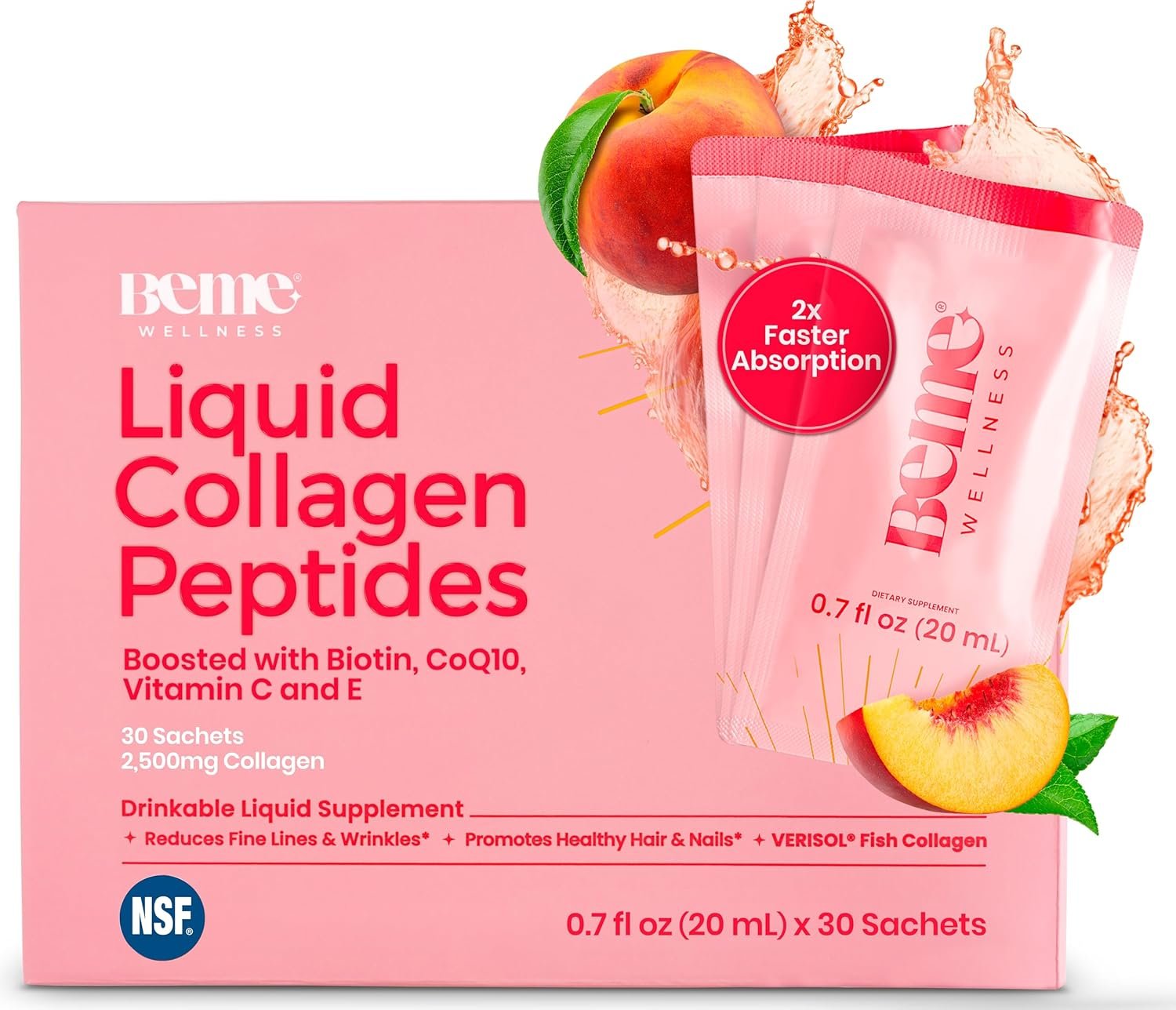 BeMe Liquid Collagen for Women – 2500mg Verisol Collagen Liquid with Biotin, CoQ10 & Vitamin C – Clinically Proven Collagen Peptides for Hair, Skin & Nails – 30 Peach Sachets