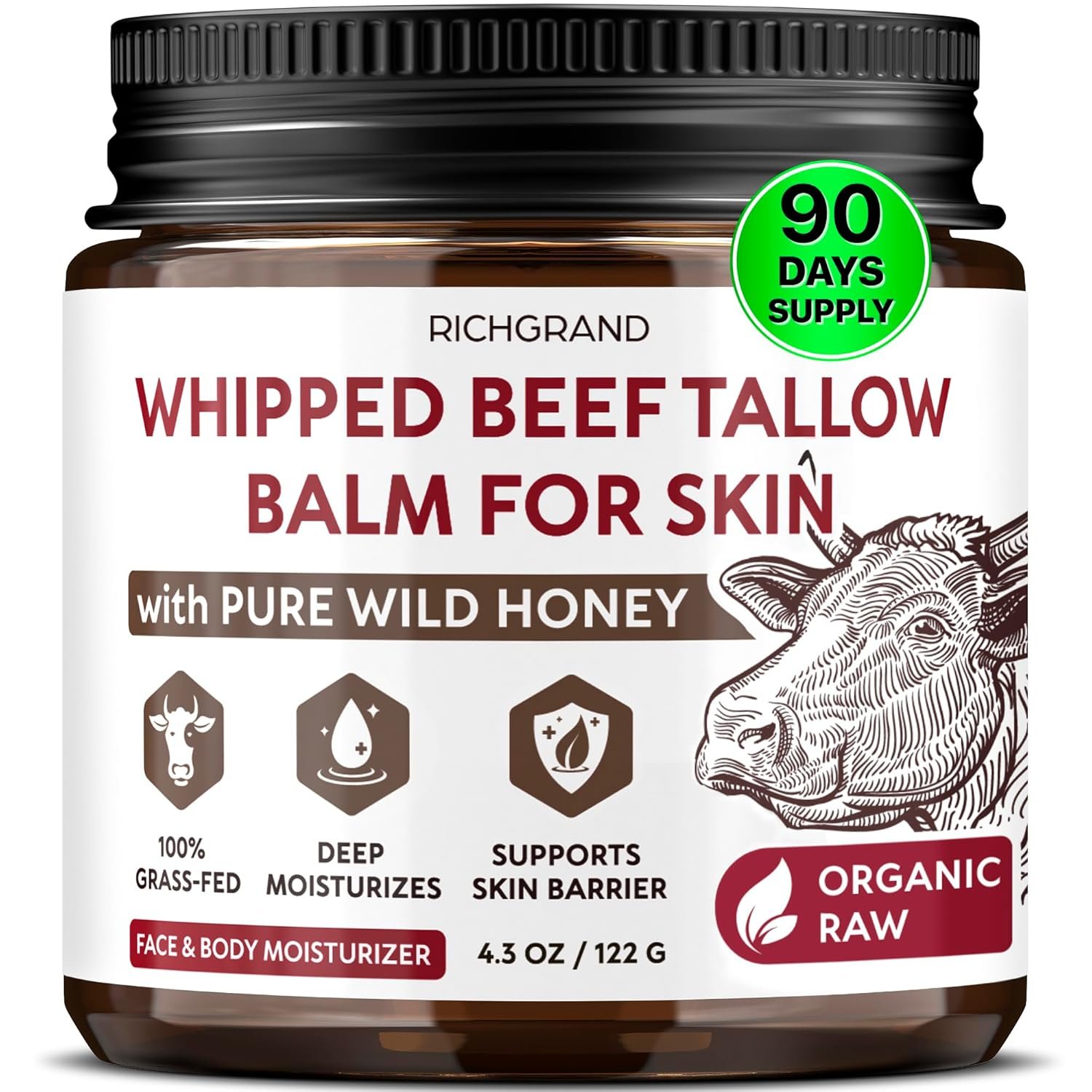 RICHGRAND Beef Tallow for Skin – Whipped Tallow and Honey Balm – Grass Fed Beef Tallow for Face, Daily Moisturizer & Body Butter – Natural Non Comedogenic Skincare (4.3 oz)