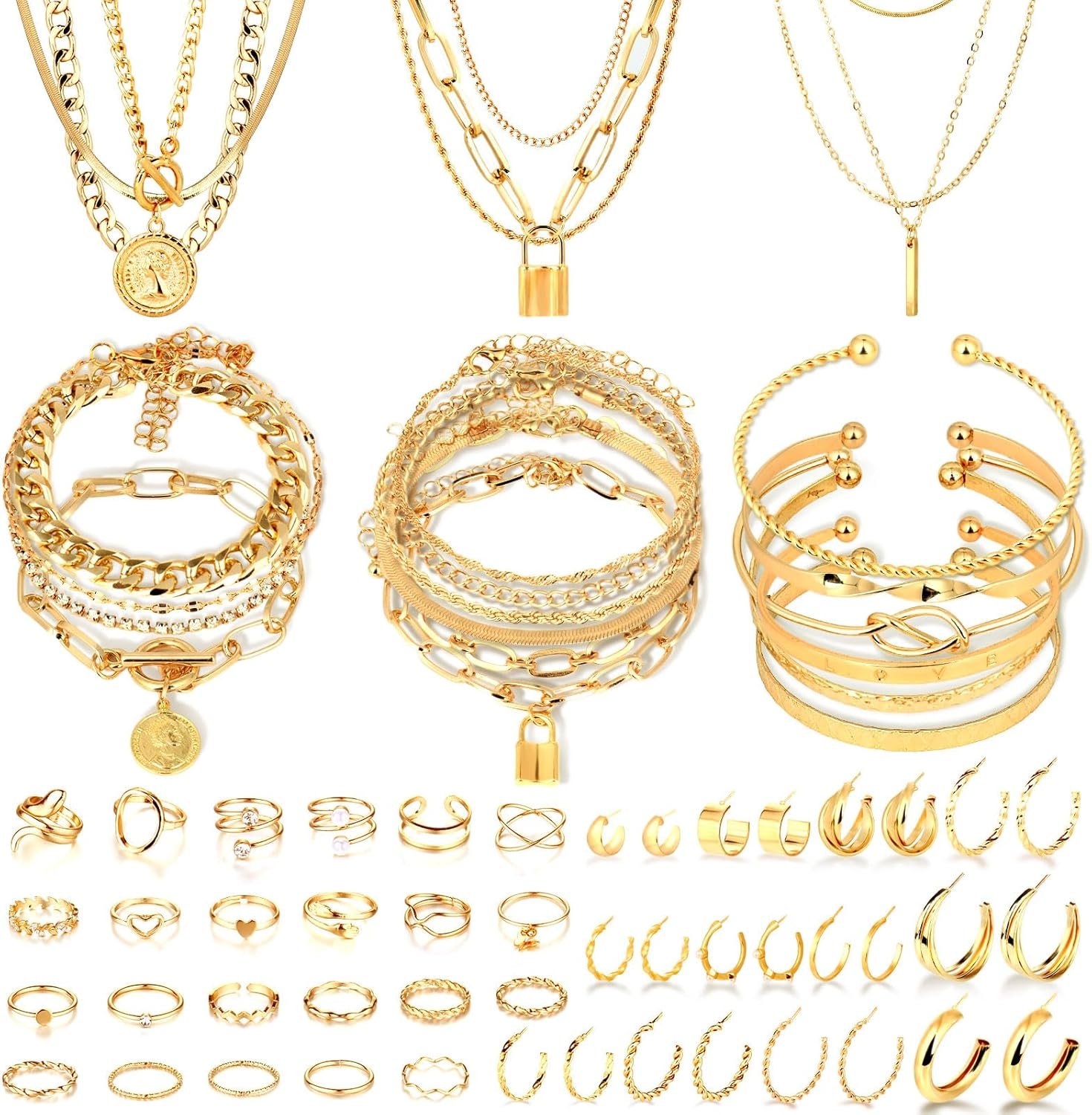 CHICUTIE Gold Jewelry Set For Women,14k Gold Plated Multi Layer Necklaces Bracelets Hoop Earrings Set Stackable Knuckle Rings, Trendy Elegance Charms Non Tarnish Minimalist Textured Boho Jewelry Gift