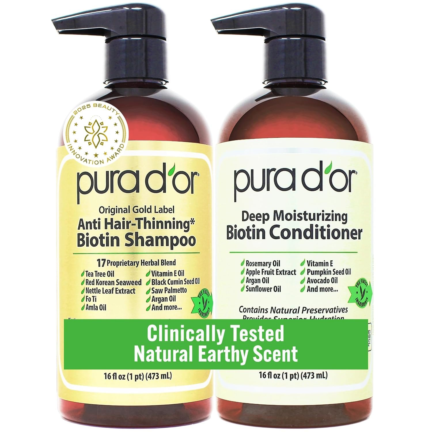 PURA D’OR Anti-Thinning Biotin Shampoo and Conditioner Natural Earthy Scent, CLINICALLY TESTED Effective Results, Herbal Blend Thickening Products For Women & Men, Original Gold Label Set, 16oz x2 | Deep Moisturizing, Conditioner, CLINICALLY TESTED, Effective Results, Hair Thickening, Product