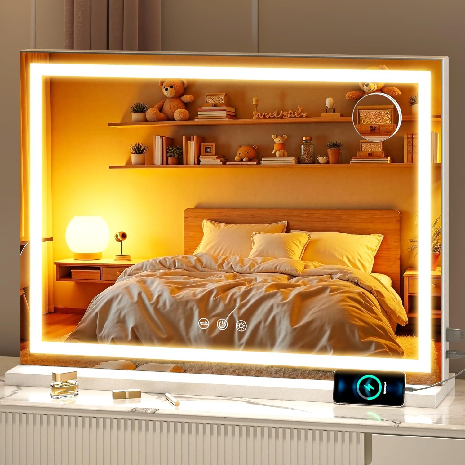 Vanity Mirror with Lights, 28″ x 20″ LED Makeup Mirror with 10X Magnification, Dimmable 3 Modes, Memory Function, Smart Touch, USB Charging Port, Lighted Makeup Mirror Square White