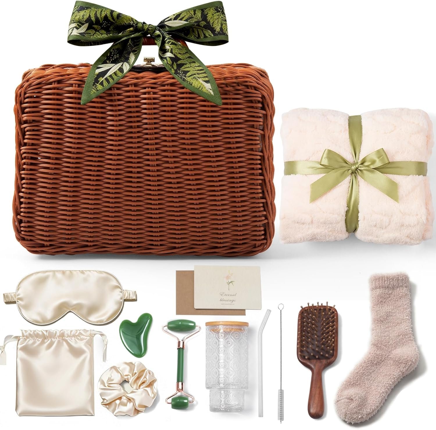 14-Piece Vintage Self-Care Gift Basket for Women for Mom, Relaxing Spa Care Package with Blanket, Glass Tumbler, Birthday Gifts for Women, Wife, Sister, Best Friend