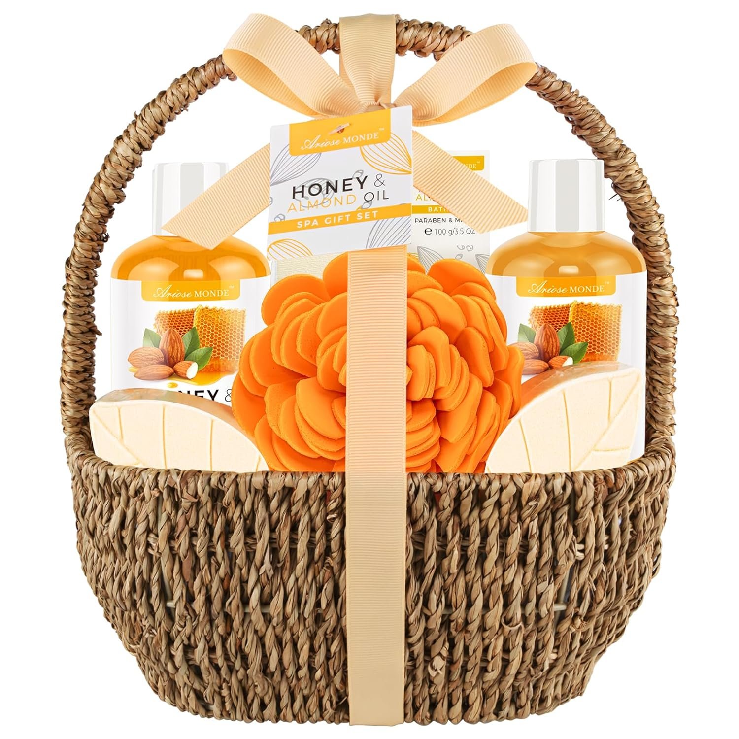 Bath Spa Gift Basket, Bath & Body Gift Set for Women & Men, Includes Shower Gel, Bubble Bath, Bath Salt, Bath Sponge, Spa Gift Box for Mother’s Day, Birthday, Wedding, Honey & Almond 8pcs