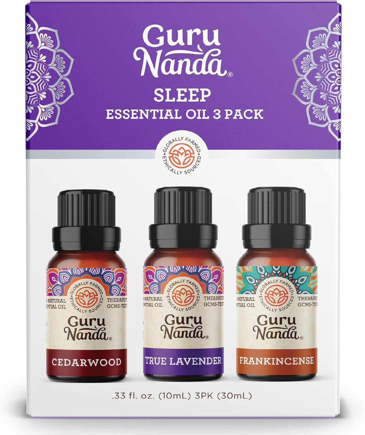 GuruNanda Sleep Essential Oil Set (Pack of 3 x 0.34 Fl Oz) – 100% Pure, Natural & Undiluted Cedarwood, Frankincense & Lavender Aromatherapy Oils for Diffuser – Perfect for Massages & DIY Recipes