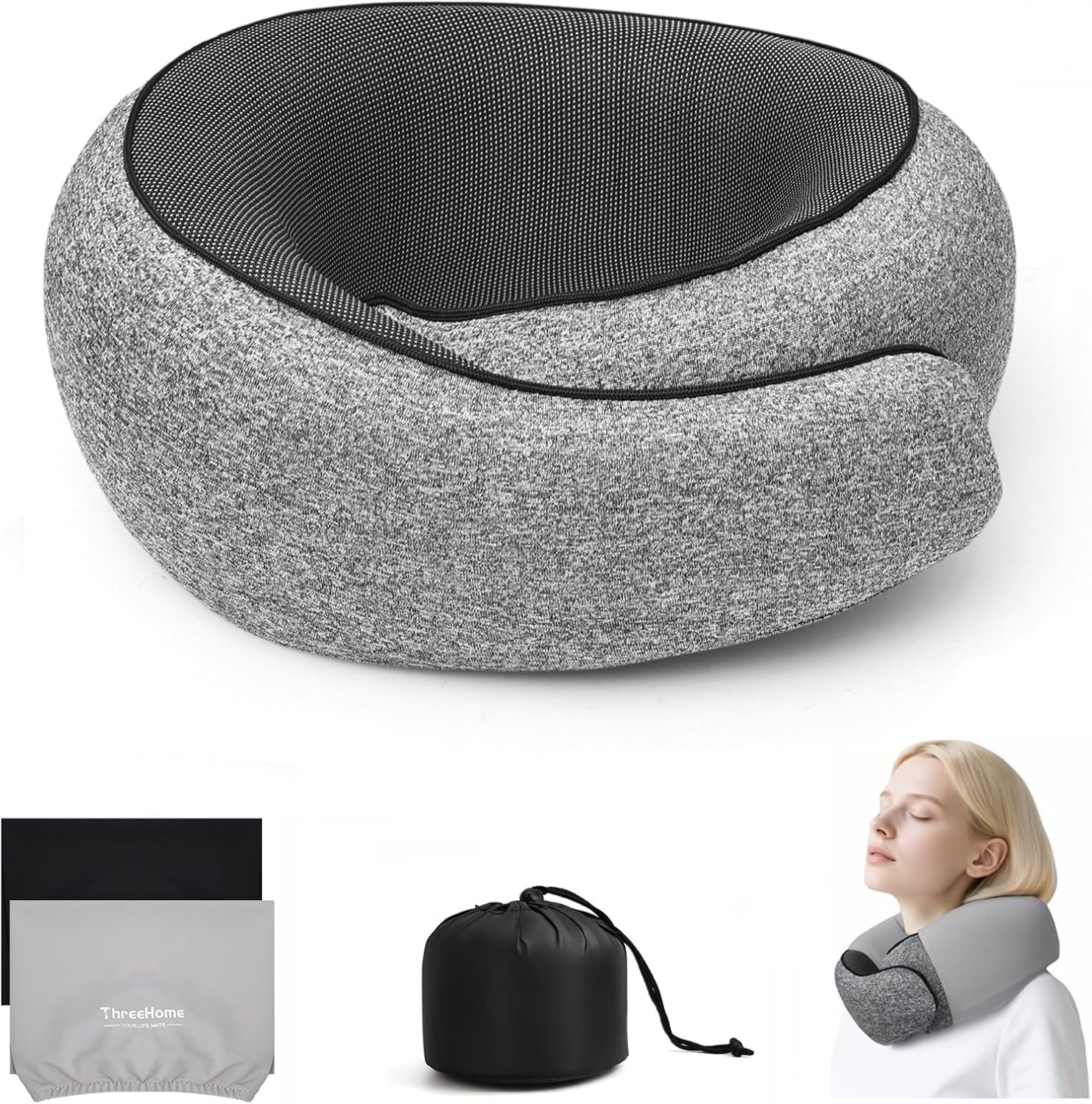 Travel Pillows for Airplanes, 100% Pure Memory Foam Neck Pillow with Skin-Friendly Silk Cover, Ergonomic Support, Washable Cover, Eye Mask, Earplugs, Ideal Neck Pillow for Flight Trips