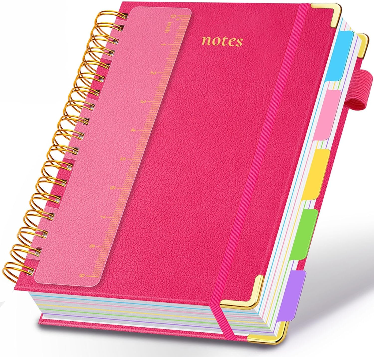 Hardcover Spiral Notebook 8″x10″ Journal Notebook with Tabs and Removable Dividers 300 Pages 5 Subject Notebook College Ruled, Faux Leather Spiral Bound Notebook for Women School Work (Rose Red)