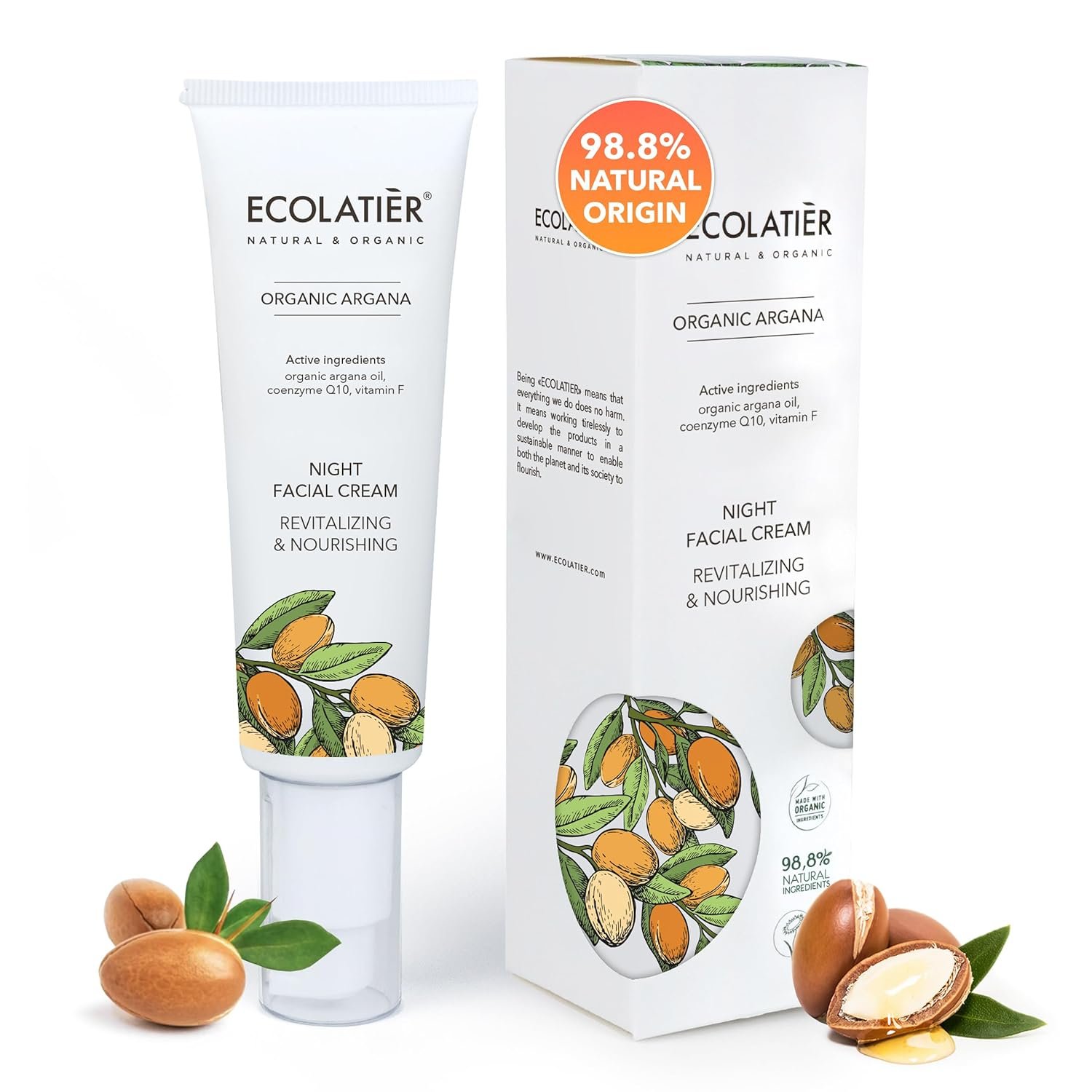 Night Cream with Organic Argan Oil – Revitalizing & Nourishing, Anti-Aging Face Moisturizer with Vitamin C, Vegan, 97.7% Natural Ingredients, 1.7 Fl Oz – ECOLATIER