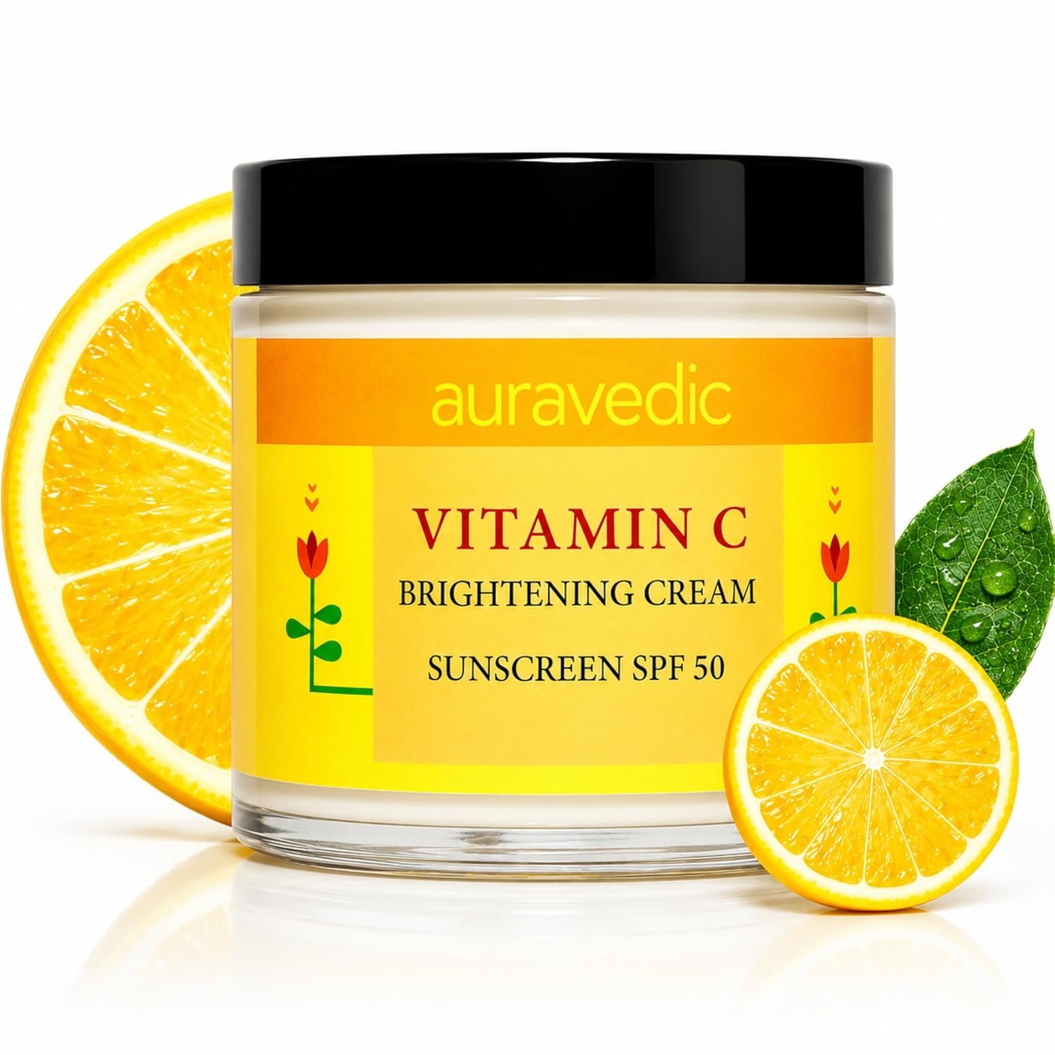 Auravedic Vitamin C Face Cream with SPF 50 for Glowing Skin | Reduces Sun Damage & Revives Dull Skin | Organic Hydration | Argan & Avocado Oil Infused Sunscreen Moisturizer | 3.53 Oz (100g)