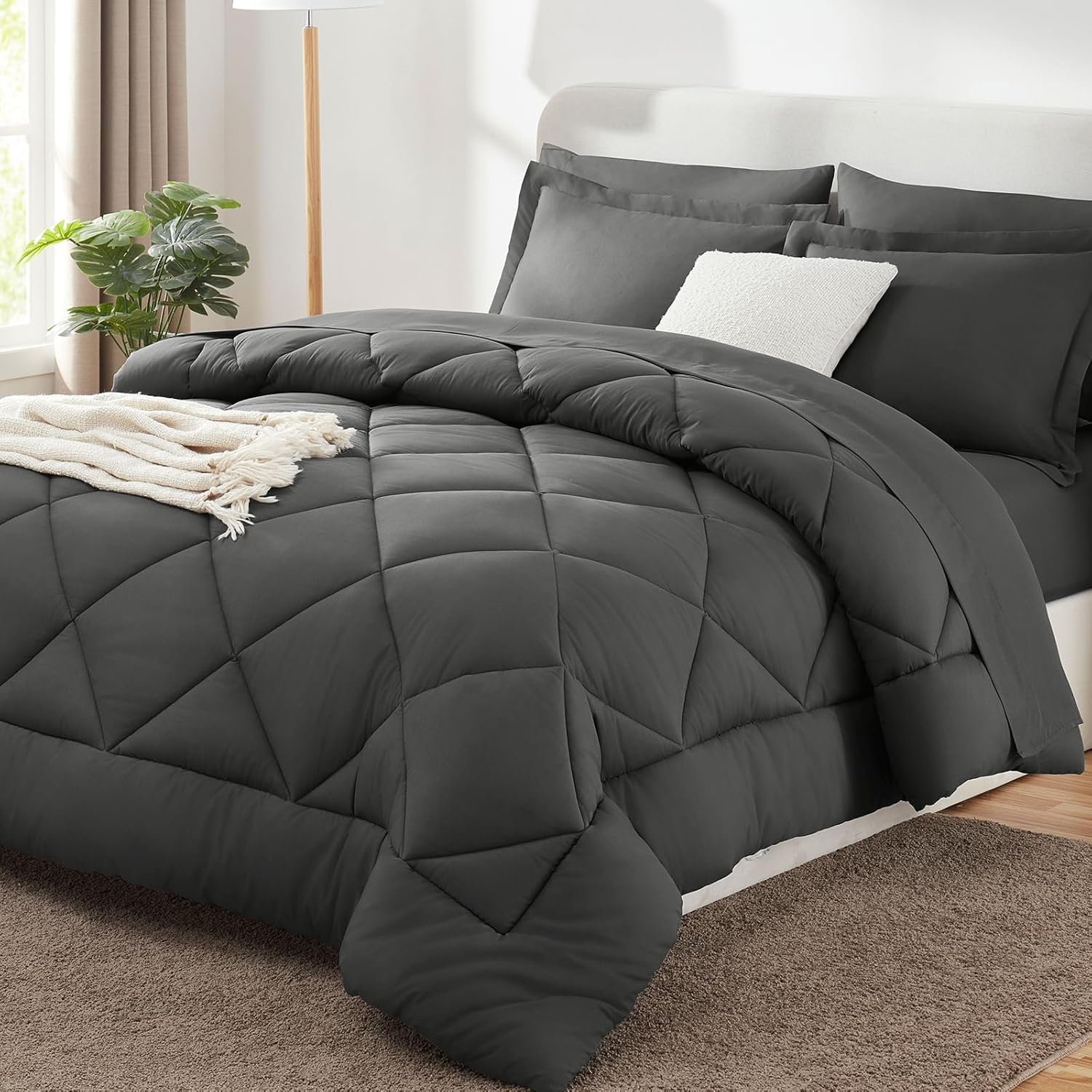 CozyLux Queen Comforter Set Dark Grey – Bed in a Bag Queen Size 7 Pieces, Luxury Soft Bed Set for All Seasons, Bedding Set with Comforter, Sheets, Pillowcases & Shams, Dark Gray, Queen