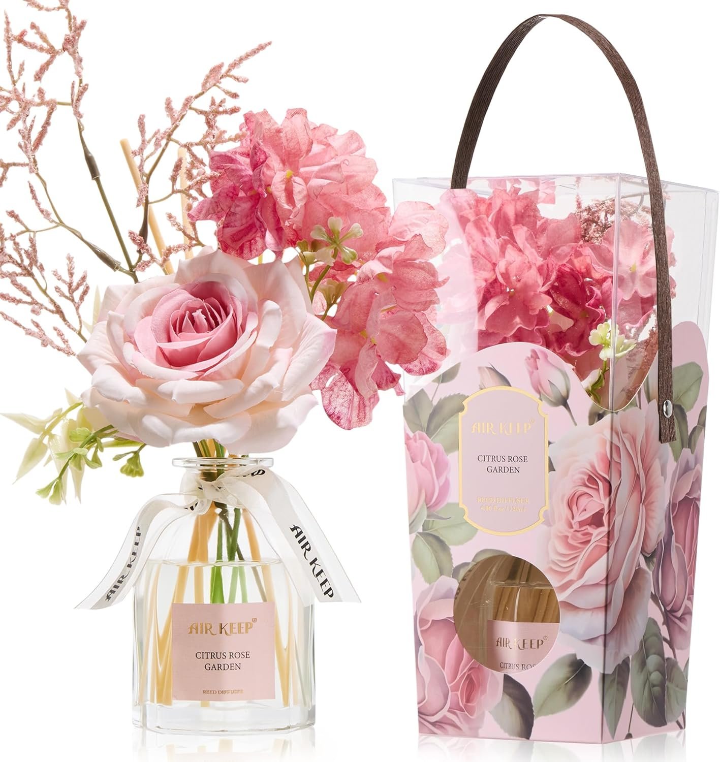 Airkeep Flower Reed Diffuser Set, Citrus Rose Garden Diffuser Gift Set,4.06 fl oz Essential Oil Sticks Diffusers for Bathroom Air Freshener, Aromatherapy Home Fragrance for Shelf Decor,Gift for Women