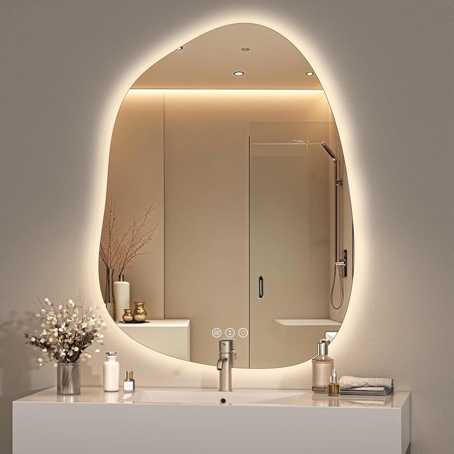 Hasipu Irregular Wall Mirror with Lights- 31″x24″ Large Vanity Mirror with Anti-Fog, 3 Color Modes,Dimmable Light, Memory Function, Backlit Wall Mount, Horizontal/Vertical