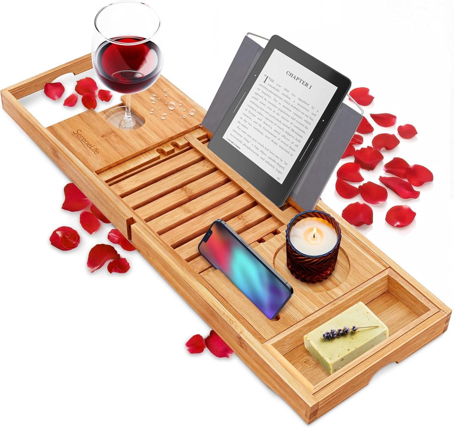 SereneLife Premium Bathtub Tray Caddy, Expandable Bath Tray, Unique House Warming Gifts, Gift for Mom, Women, New Home, Wedding, Anniversary, Bridal Shower, Universal Fit for All Tub – Classic