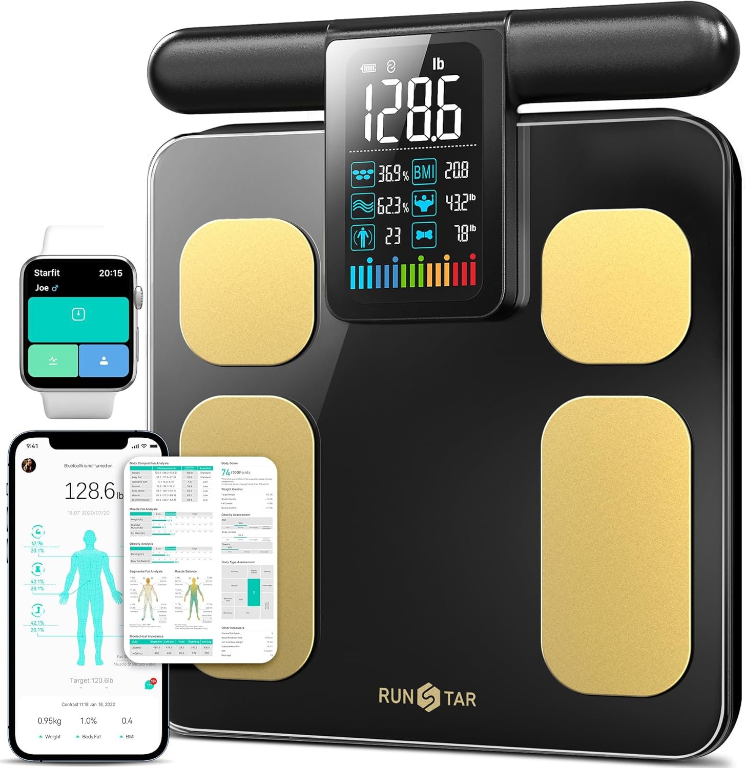 RunStar 8-Electrode Scale for Body Weight, Accurate Body Composition Scale with BMI Body Fat Muscle Mass 28 Metrics, Rechargeable Body Analyzer with Large Colorful Screen Handle, 400lb, BlackGold
