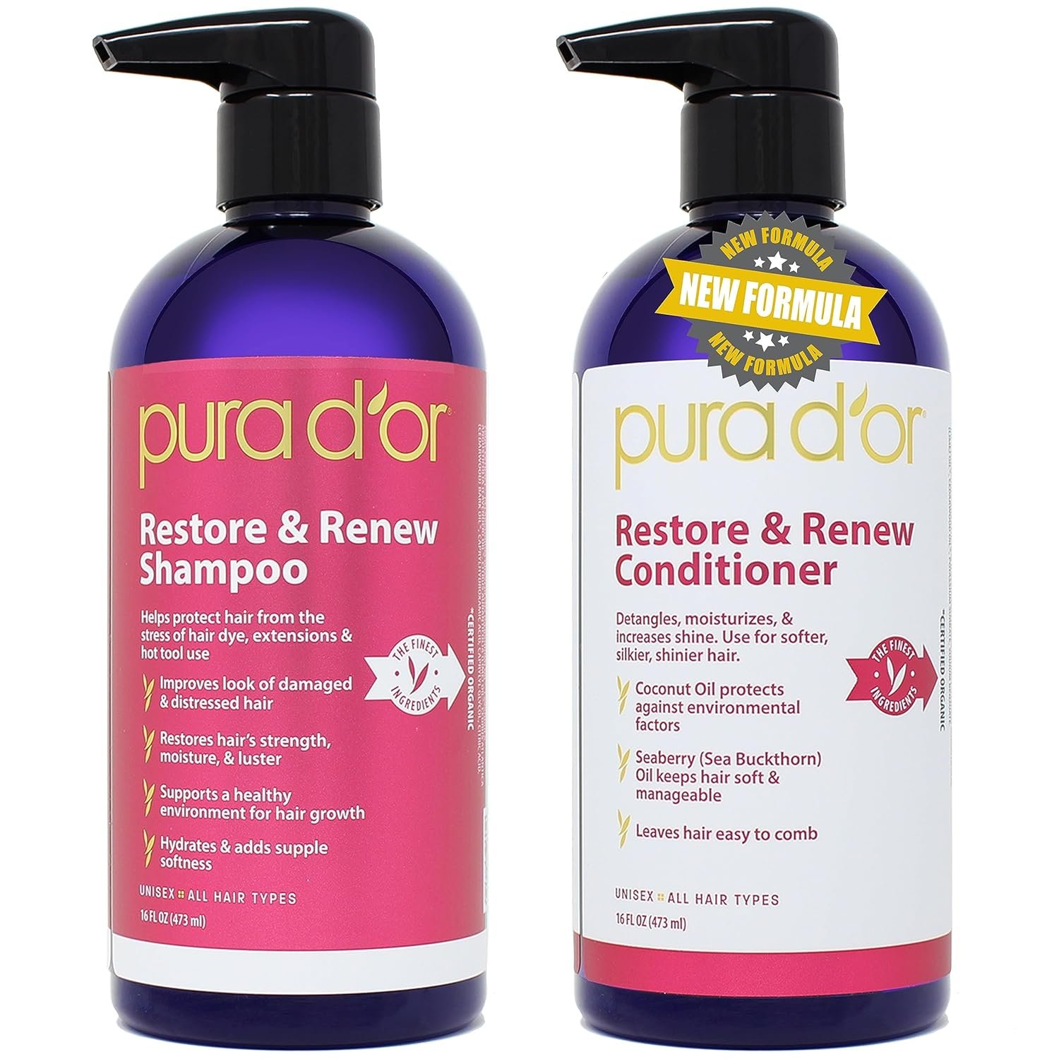 PURA D’OR Restore & Renew Shampoo and Conditioner Set for Strong, Healthy, and Nourished Hair with Organic Aloe Vera, Rosemary, Sea Buckthorn, Cacay, Coconut, Seaberry & Cedarwood