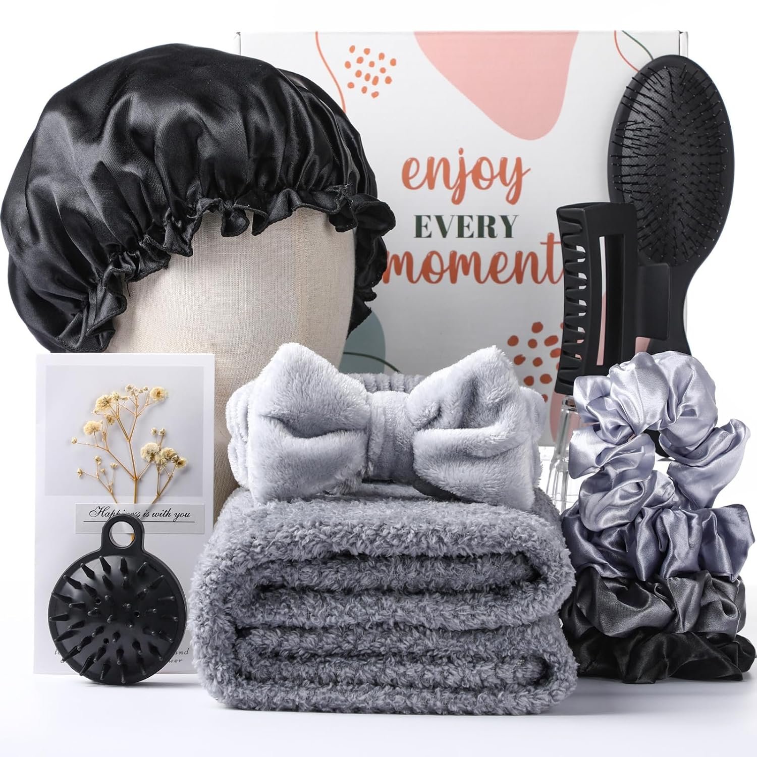 Sawysine 12 Pcs Mother’s Day Hair Care Gift Set with Black Microfiber Hair Drying Towel Spa Kit Unique Spa Gift Basket Thank You Gifts for Mom Grandma Wife Best Friend Sister Her Mothers Day