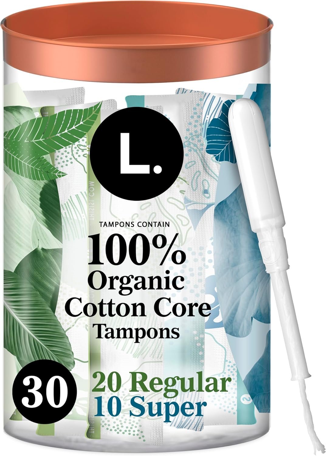 L. Cotton Tampons Regular/Super Absorbency Multipack, Free from Chlorine Bleaching, Pesticides, Fragrances, or Dyes, 30 Count