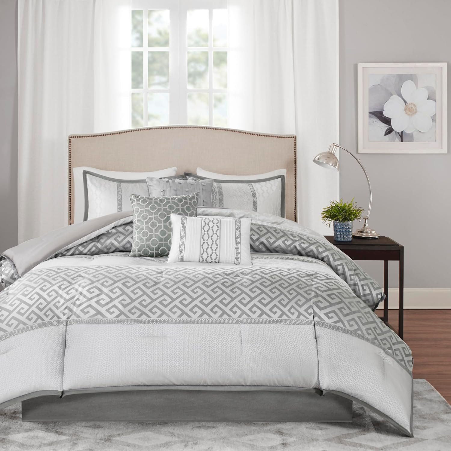 Madison Park Luxury Comforter Set-Traditional Jacquard Design All Season Down Alternative Bedding, Matching Bedskirt, Decorative Pillows, Queen(90″x90″), Bennett, Geometric Grey 7 Piece