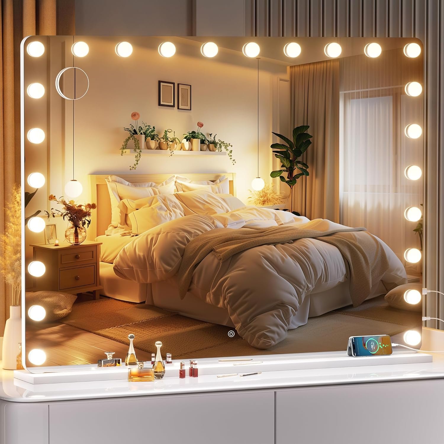 ouboyo 48”X36” Hollywood Vanity Mirror with Lights, Rounded Rectangle White Frame, 3 Color Lighting Modes & Stepless Dimming, USB & Type-C Charging Port, Wall Mounted Or Tabletop