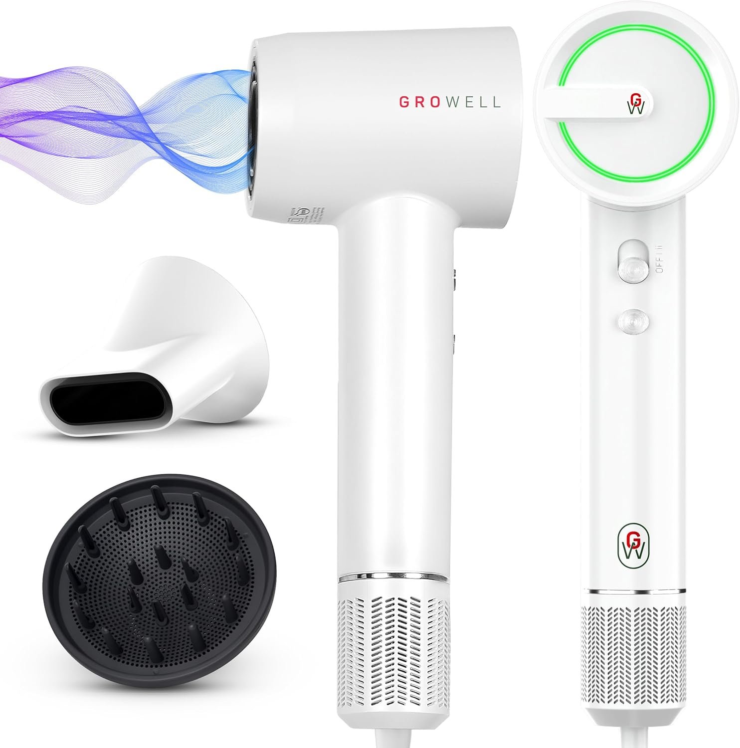 Growell Ionic Hair Dryer with Diffuser for Curly Hair, Wavy Professional High-Speed Brushless Blow Dryer for Fast Dry, Low Noise, Lightweight, Compact Hair-Dryer Travel
