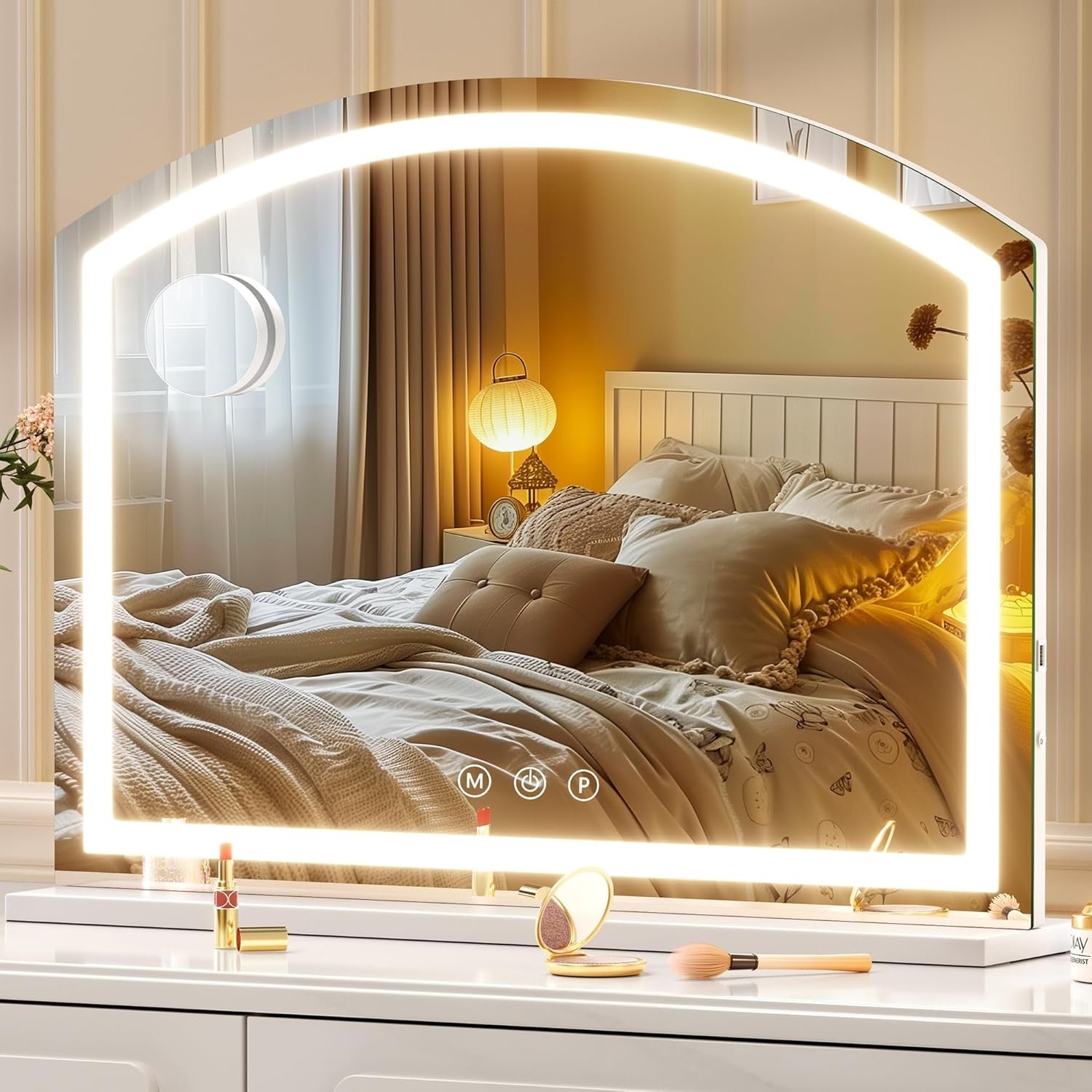 Hasipu Arch Vanity Mirror with Light, 32″ x 24″ Inch Led Makeup Mirror with 10X Magnification, Tabletop Desk Mirror with USB Charging Port, Dimmable 3 Colors Mode