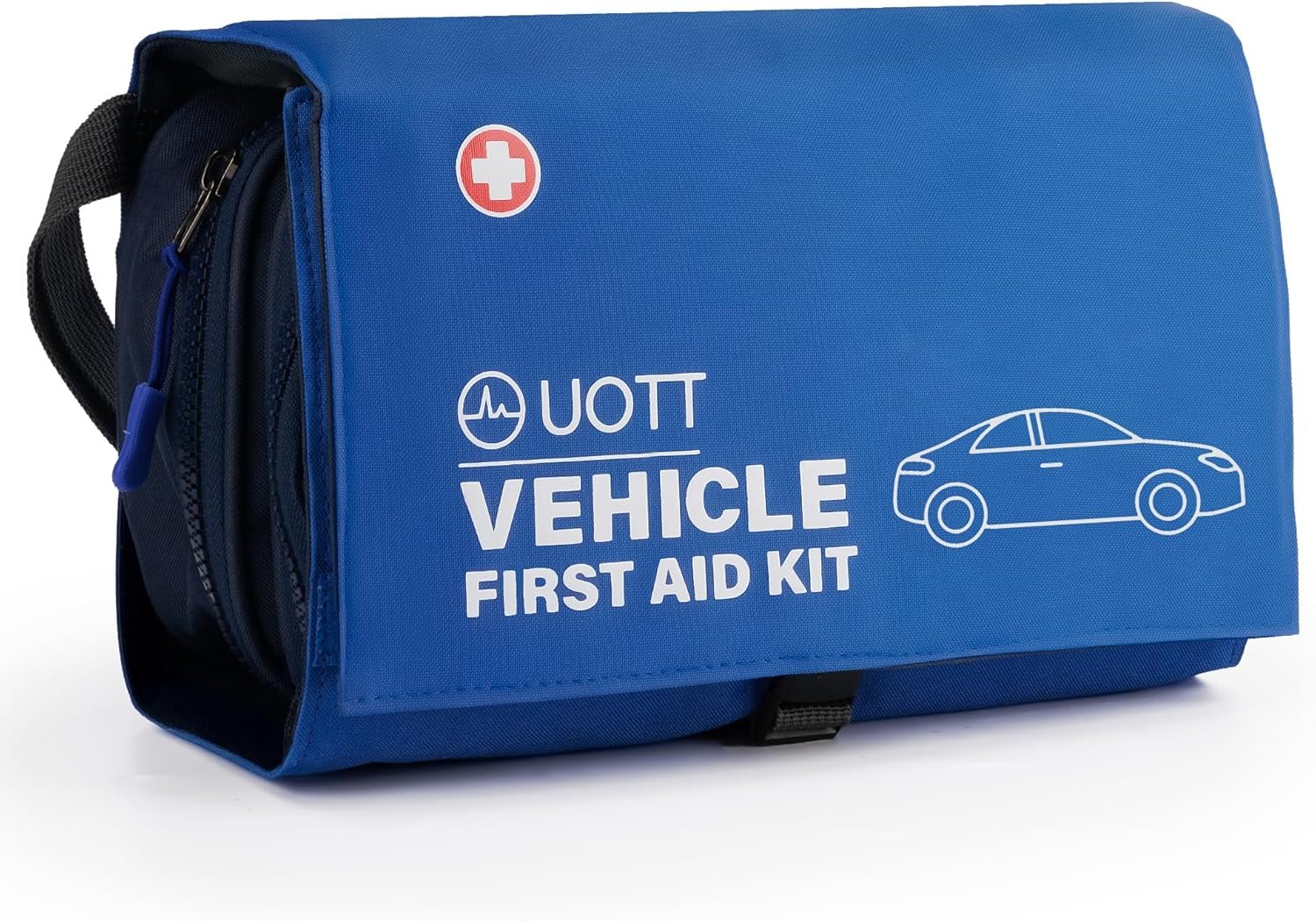 UOTT First Aid Kit for Car – Vehicle Emergency Kit with Detachable Modules, Window Breaker, Splint, Reflective Vest – for Travel, Commute & Roadside Emergencies, Compact Blue Bag