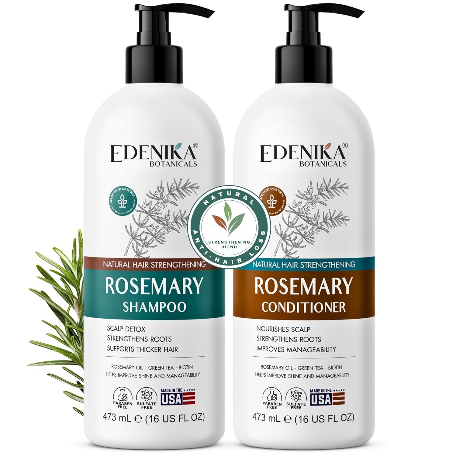 Edenika Botanicals Rosemary Oil Shampoo & Conditioner Set with Biotin for Thinning Hair & Anti-Hair Loss, Strengthening Botanical Formula, Women & Men, Sulfate-Free, Organic, 16 fl oz Each
