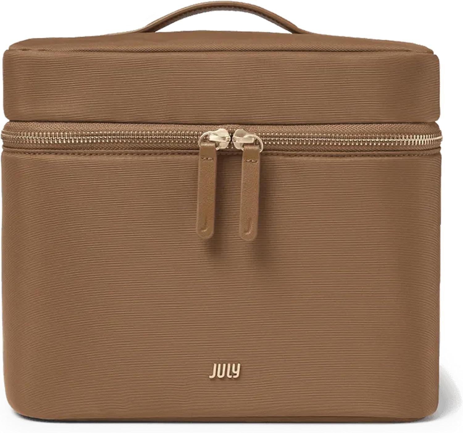 July Vanity Cosmetic Case – Stylish Travel Makeup Bag for Women with Removable Wet Pouch, Upright Bottle Design, Clear Top Pocket, Leather Handle, Travel Essentials, Toiletry Organizer – Light Brown
