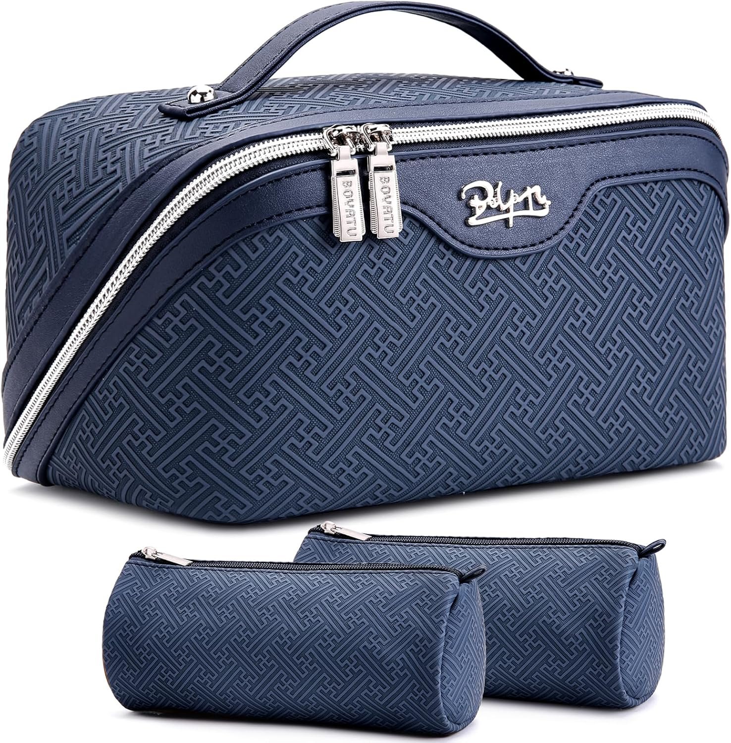 BOYATU Travel Makeup Bags for Women: Vintage Roman Column Texture Large Capacity Cosmetic Bag – Each Journey, Quiet Luxury Serenity – 3 Pcs Set Organizer Toiletry Purse 50% Extra Storage(Indigo)