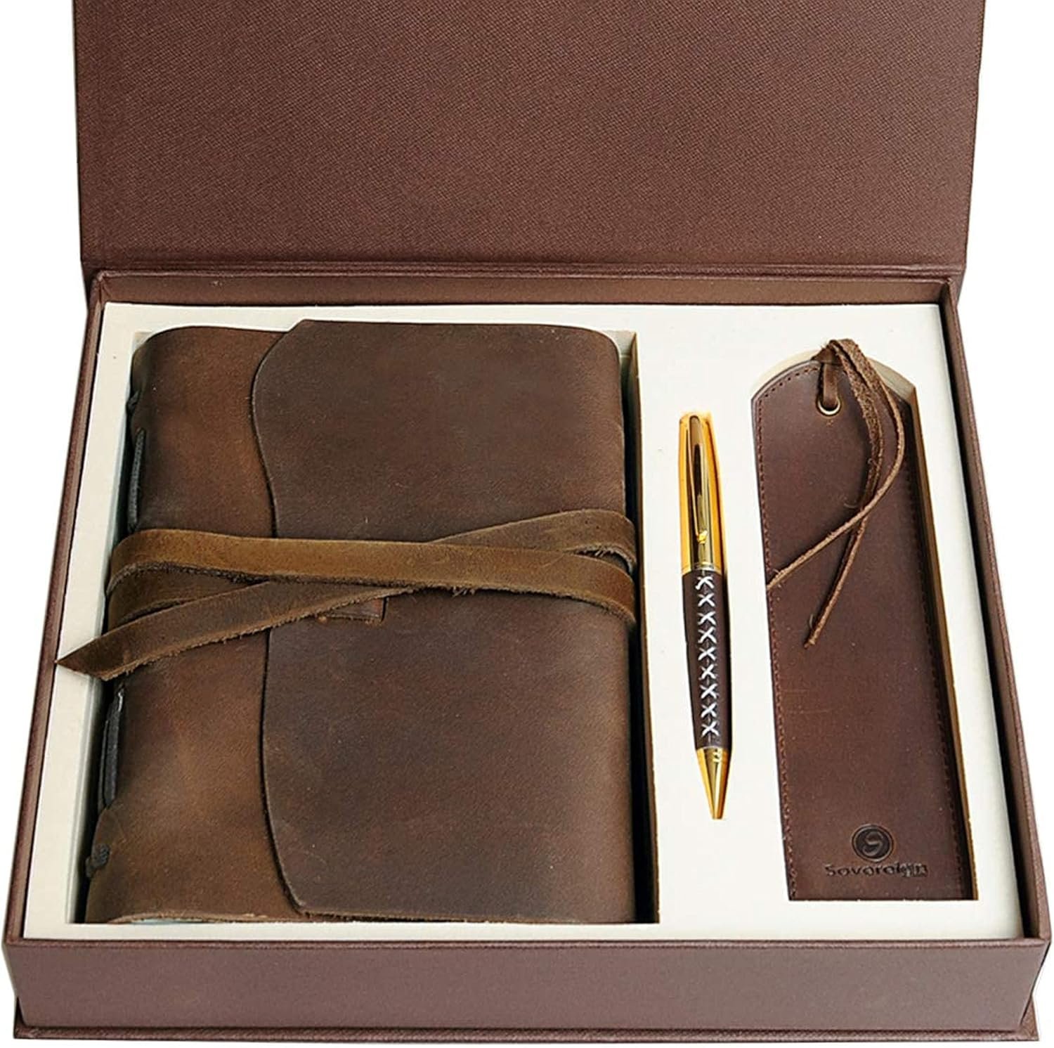 Leather Journal Gift Set with Antique Leather Bookmark + Pen, Handmade Writing Notebook 7×5 Inches Unlined Leather Bound Daily Notepad For Men For Women, Luxury Gift Box Diary for all ages