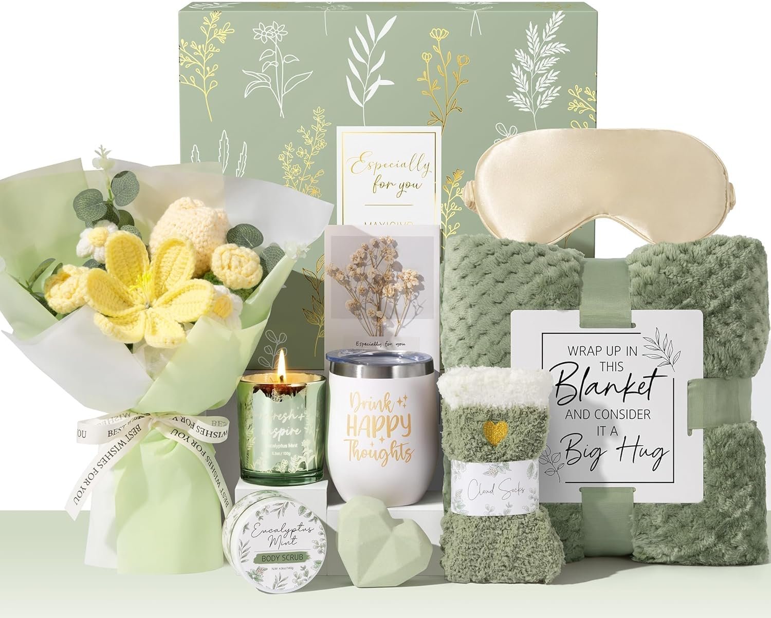 Birthday Gifts for Women Self Care Package Get Well Soon Gift Baskets, Thinking of You Sympathy Gift Set w/ Crochet Flower Bouquet, Unique Christmas Spa Gifts for Women Mom Her Best Friend Sister Wife