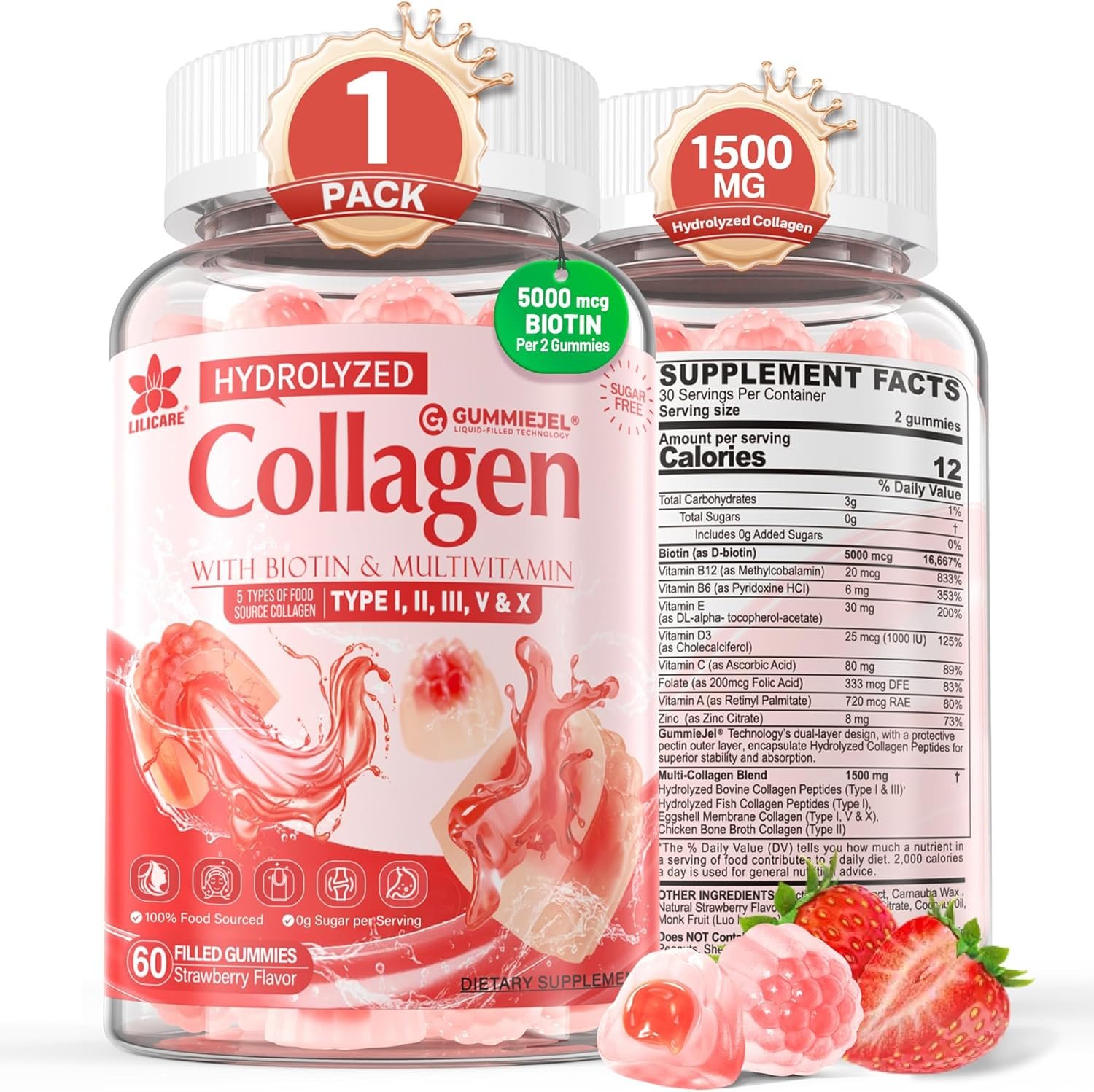 Collagen Peptide Gummies for Women & Men Sugar-Free, Multi Collagen Hydrolyzed w/ 1500mg Protein Type I,II,III,V,X, 5000mcg Biotin, Methylated B12, Vitamin C A E D3 B6 for Skin Hair Nails, Bone, 60Cts