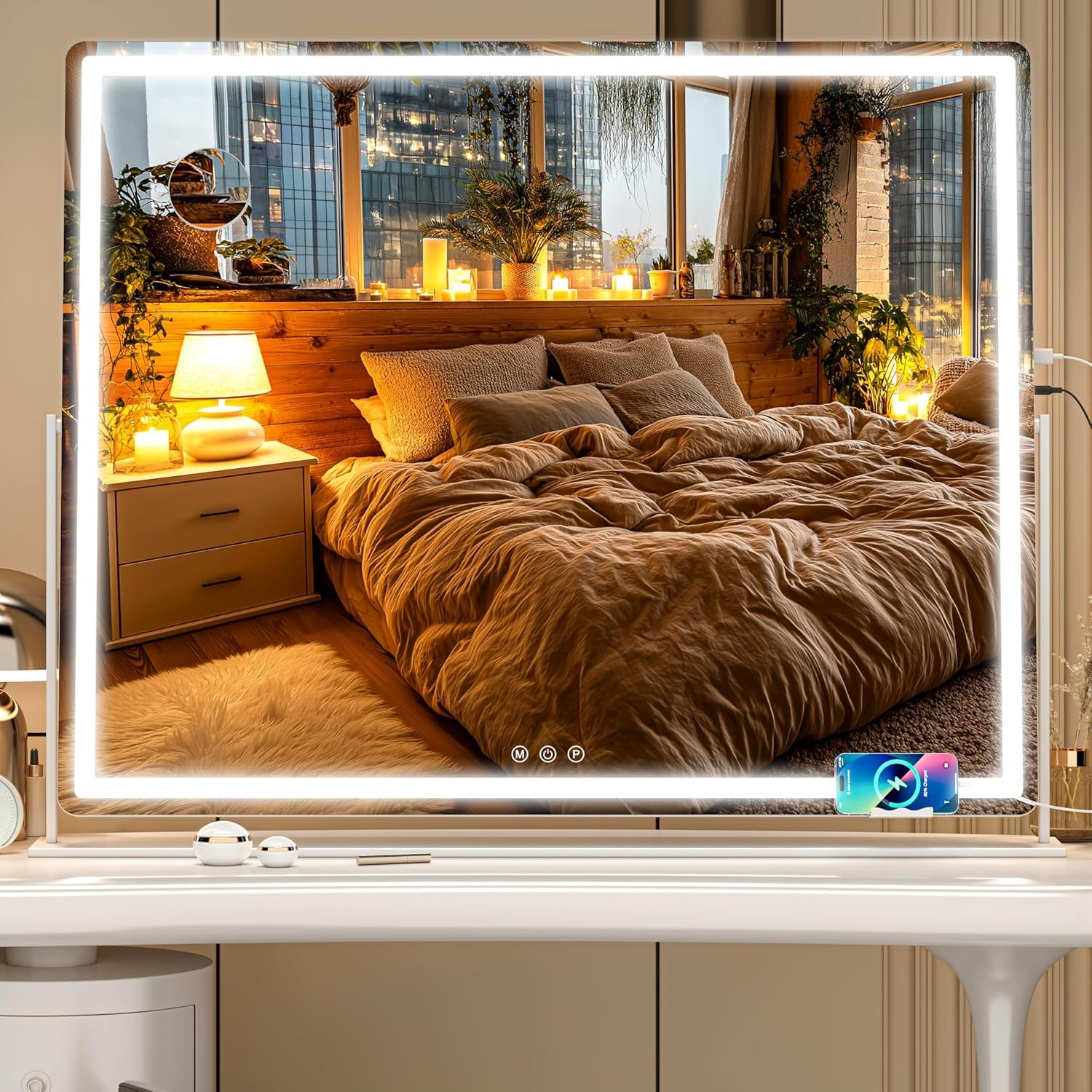Large Vanity Mirror with Lights 34” x 25.6” – Touch Screen Hollywood Makeup Mirror, 3 Color Modes + Dimmable LED Lighting, Premium Aluminum Frame for Dressing Table