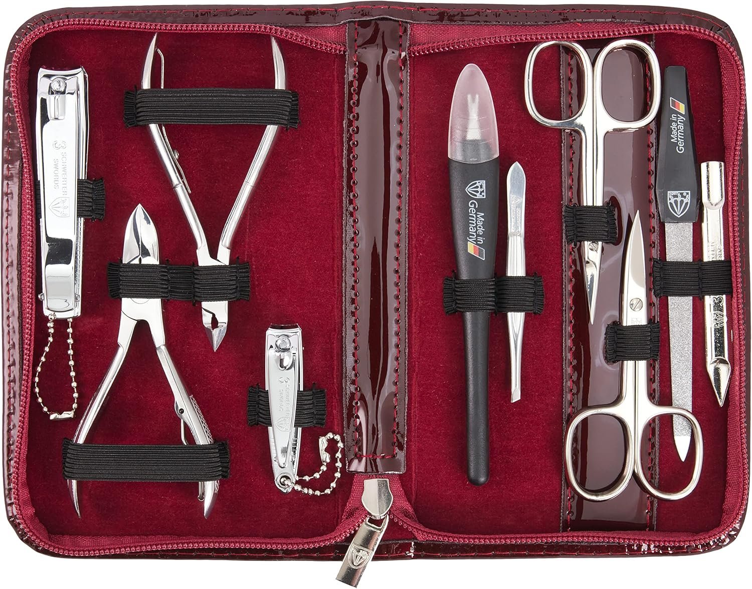 3 Swords Germany – brand quality 10 piece manicure pedicure grooming kit set for professional finger & toe nail care scissors clipper fashion leather case in gift box, Made by 3 Swords (6226)