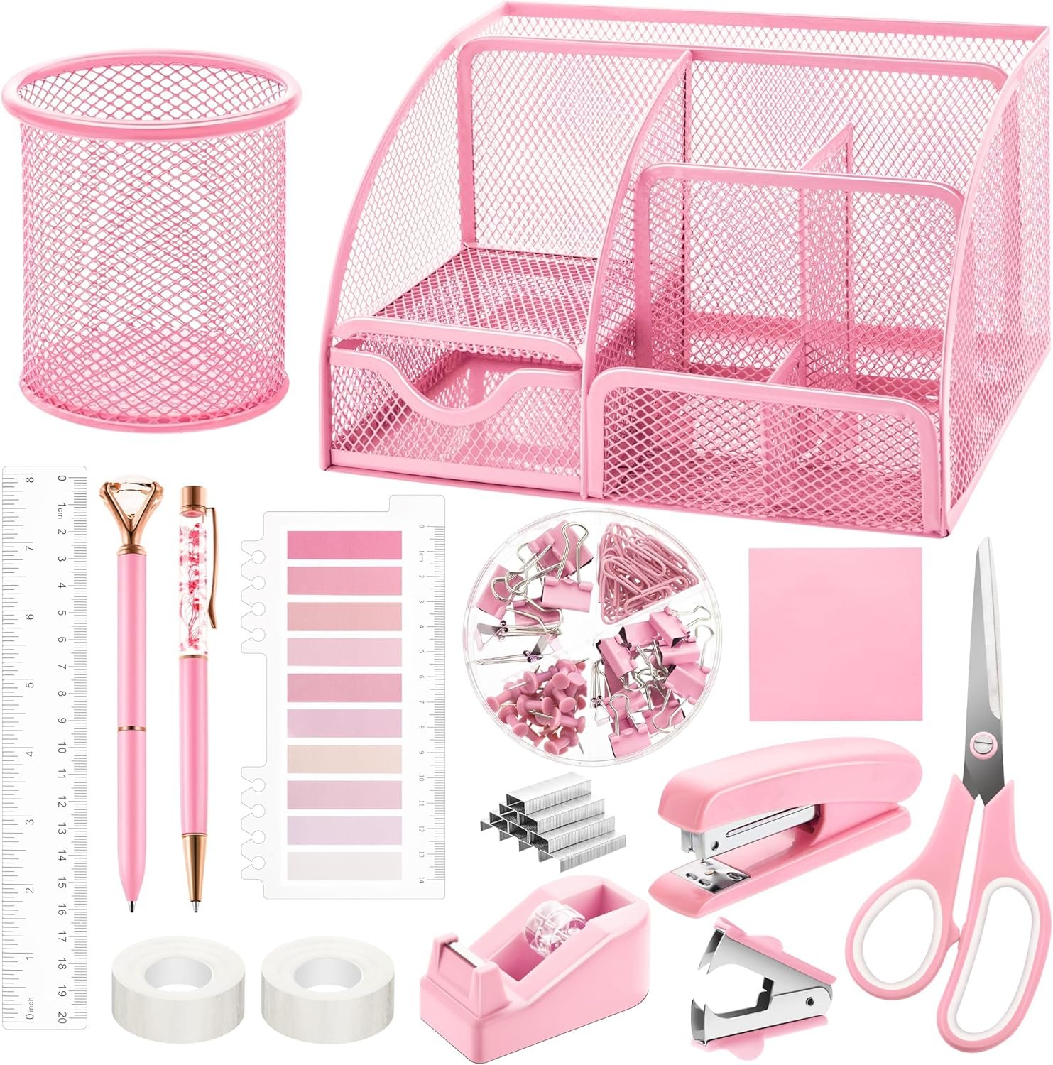 Fayoo 11 Pcs Pink Office Supplies Set Mesh Desk Organizer Accessories Kit include Stapler Tape Dispenser Staple Remover Clips Ruler Scissors Sticky Notes for Office School Home Women (Pink)