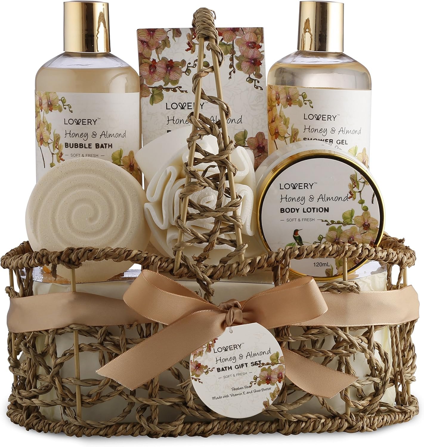 Mothers Day Gift Basket, Gifts for Mom, Daughter, Grandma, Wife, Spa Honey & Almond Scent, Luxury Bath & Body Set, Shower Gel, Bubble Bath, Body Lotion, Salts, Bath Bomb, Bath Puff & Handmade Basket