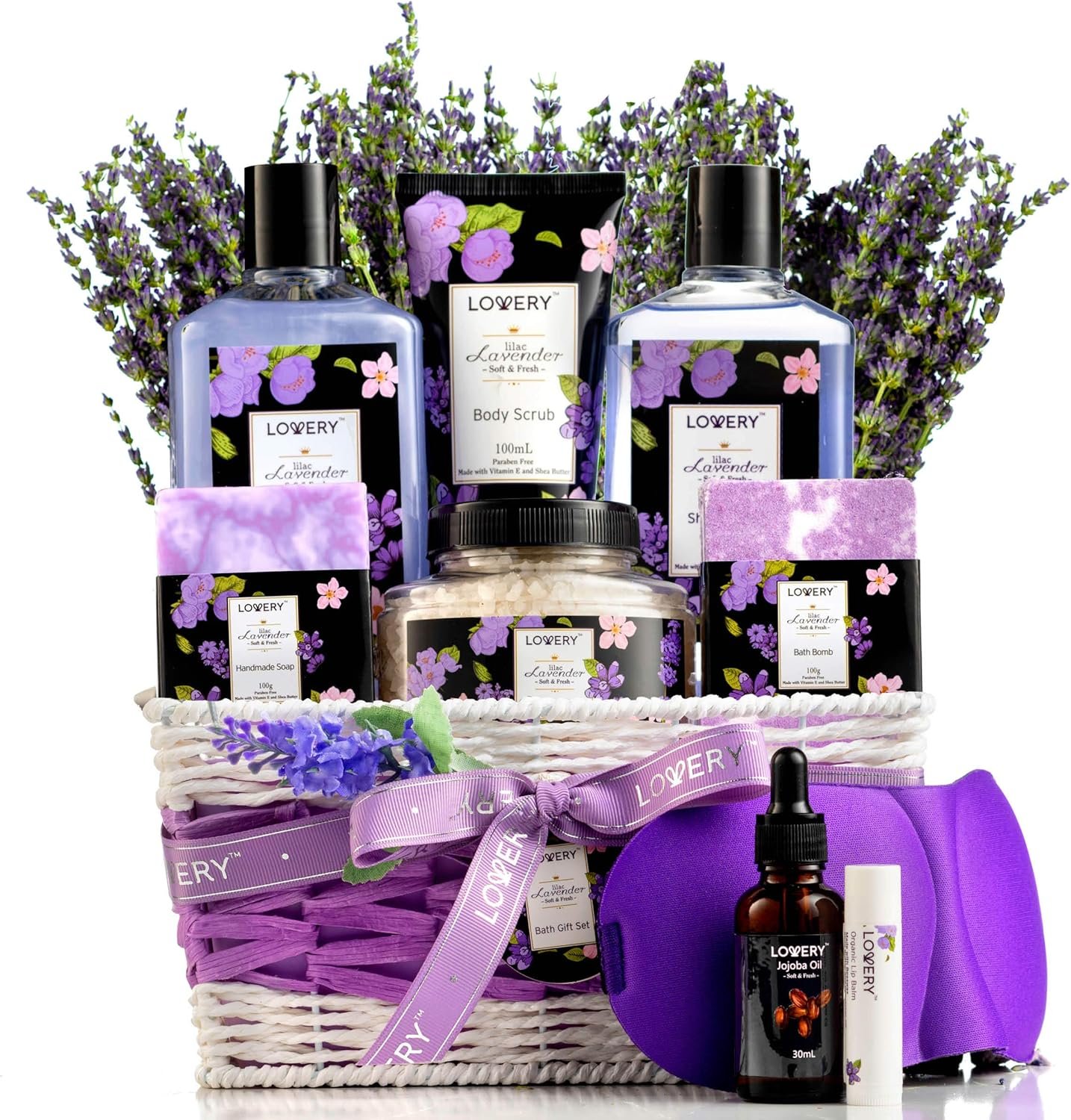 Mothers Day Gifts for Mom, Lavender & Lilac Spa Gift Basket For Women & Men, Handmade Soap, Potpourri, Bath Bomb, Jojoba Oil, Organic Lip Balm & More – Stress Relief Set, Bath & Body Self Care Package