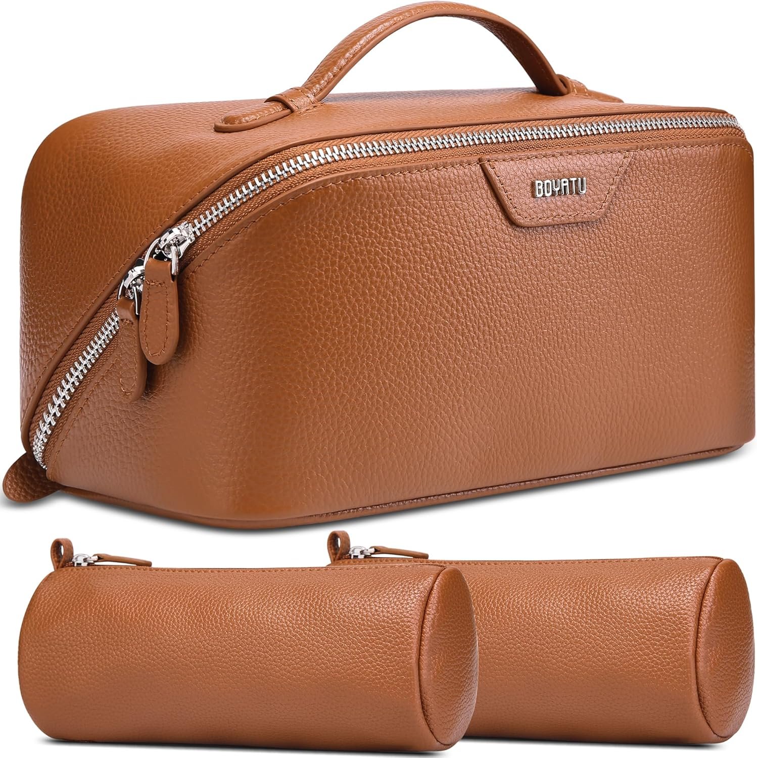 BOYATU Genuine Leather Travel Makeup Bag: Large Capacity 3 Pcs Set Cosmetic Bags for Women – Designer Waterproof Hand-made for Toiletry Organizer – Ladies Travel Essentials for Elegance (01Brown)